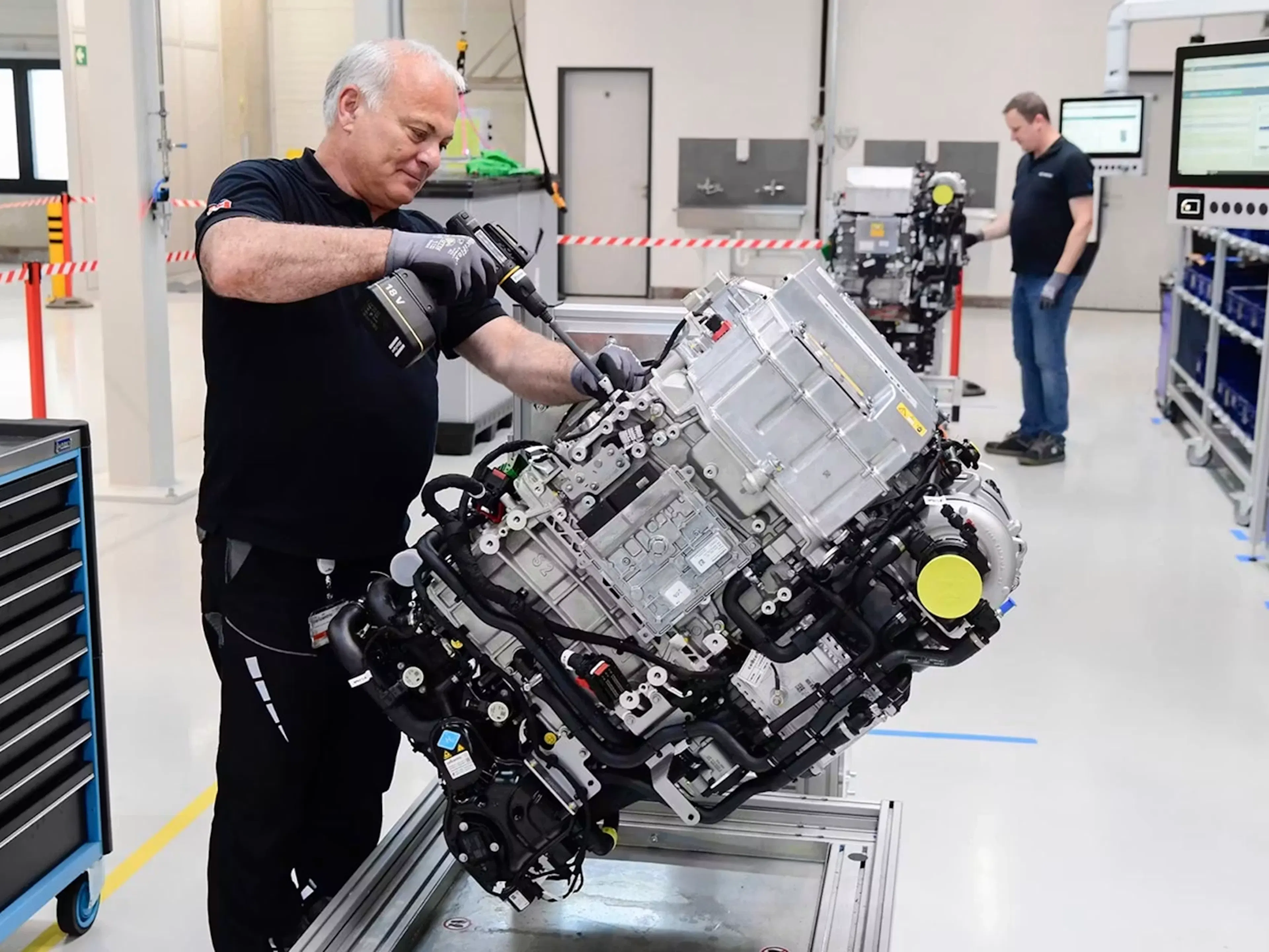 Technician assembling a cellcentric BZA150 hydrogen fuel cell in a production plant