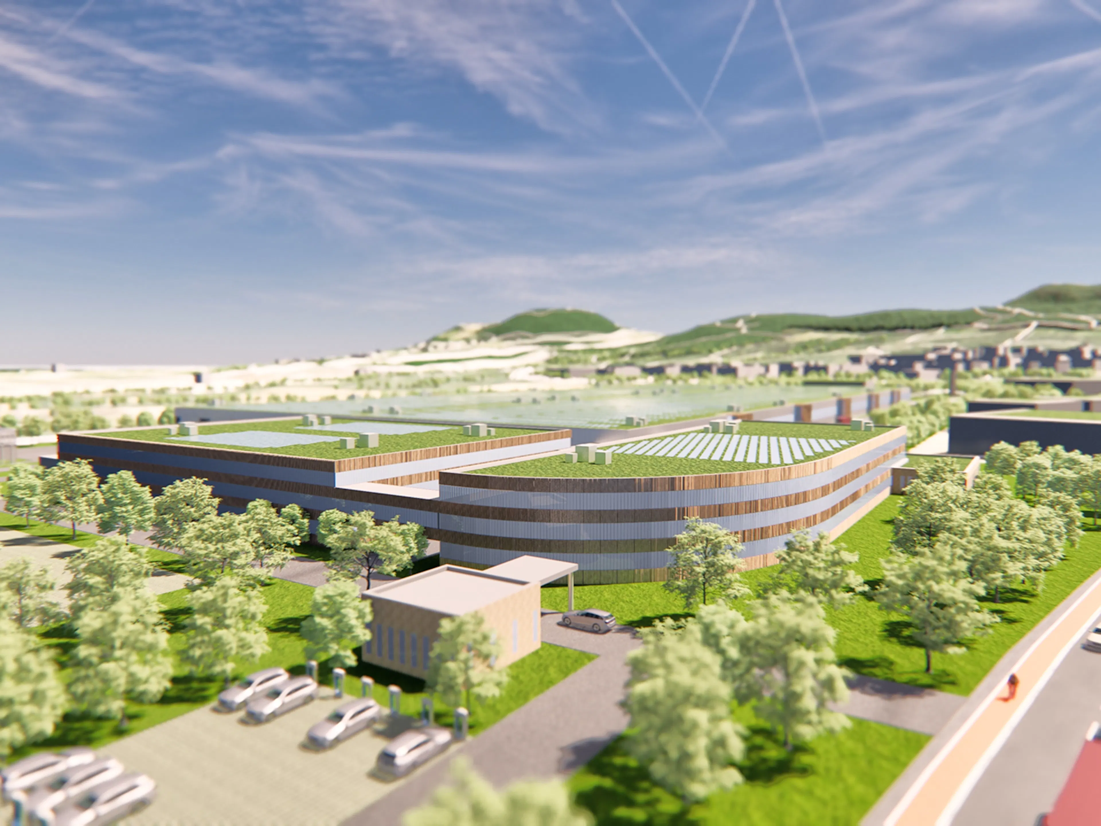 Modern factory plant with green roofs, solar panels, and wooden facade