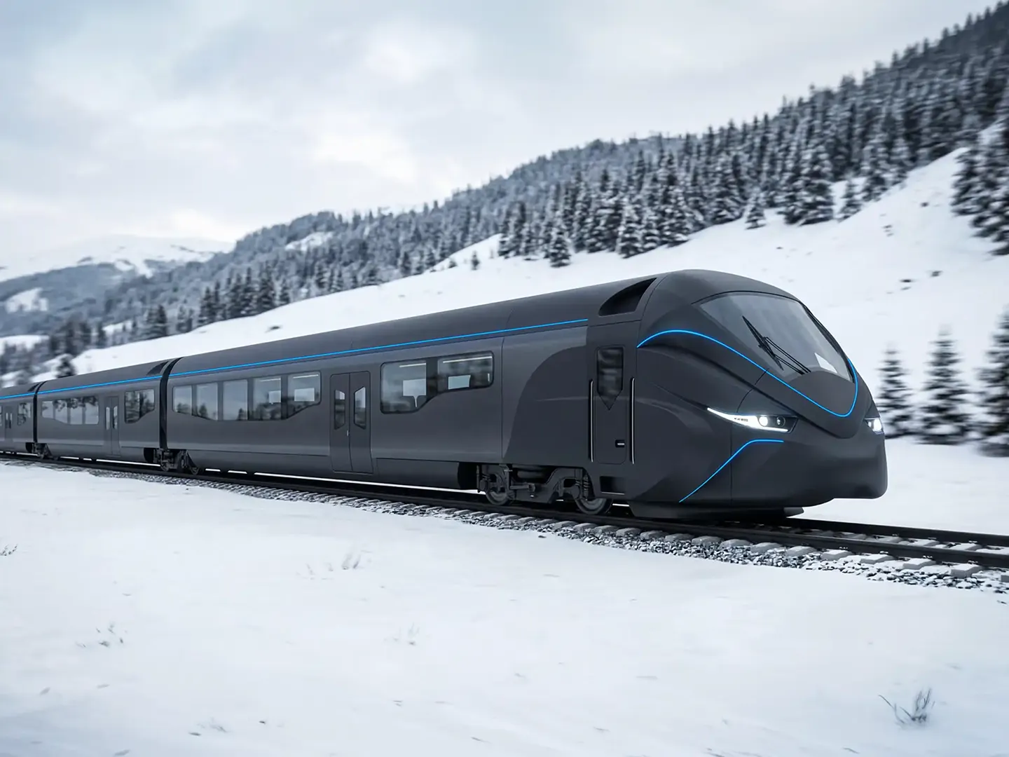 Futuristischer schwarzer Wasserstoff-Personenzug auf einer verschneiten Bergbahnstrecke