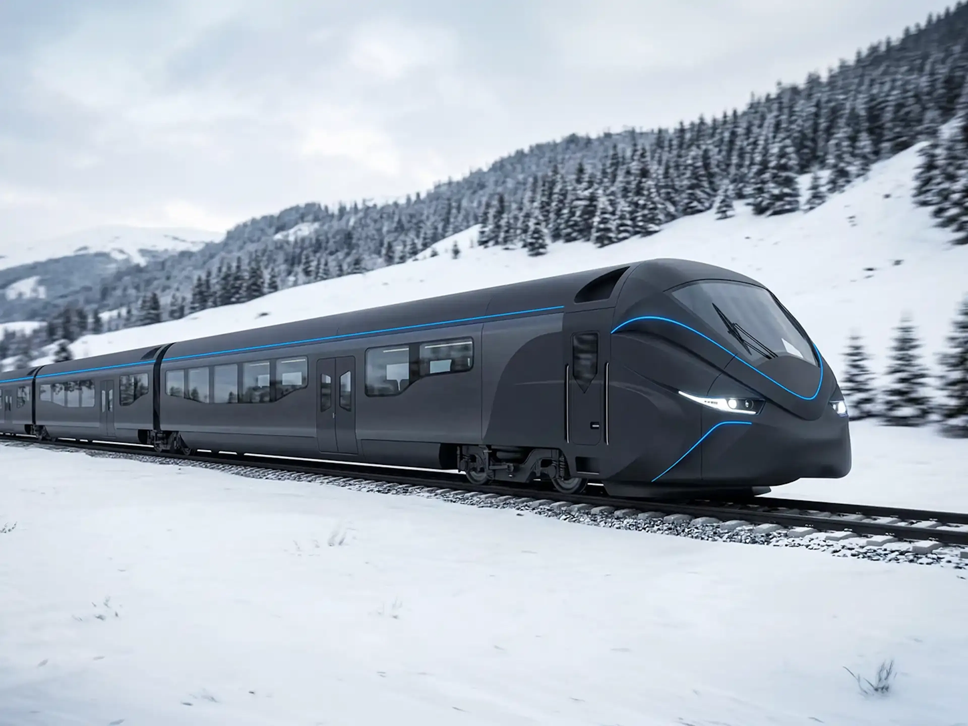Futuristischer schwarzer Wasserstoff-Personenzug auf einer verschneiten Bergbahnstrecke