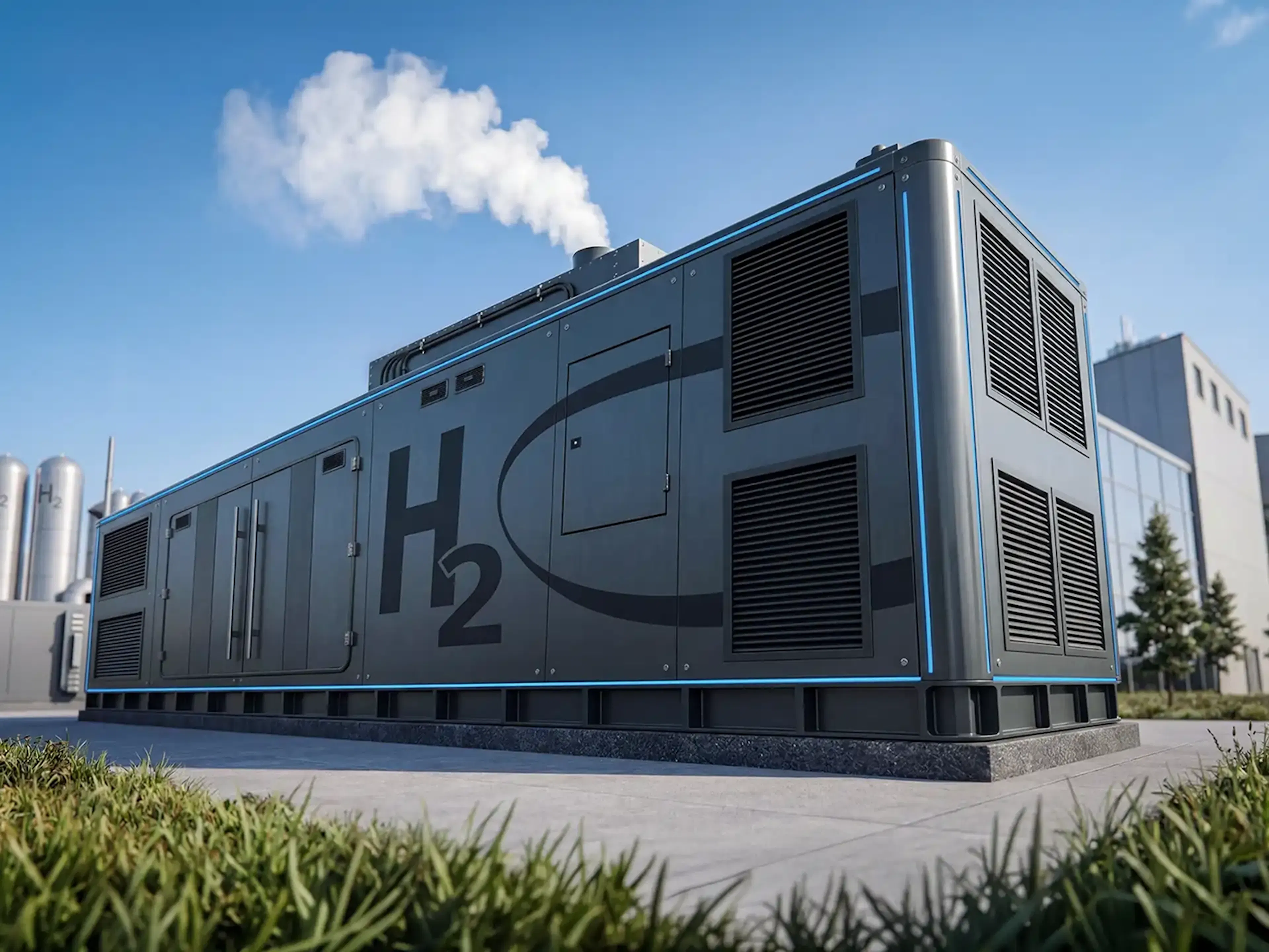 Stationärer Container mit einem H₂-Wasserstoff-Brennstoffzellengenerator mit Wasserdampfemission