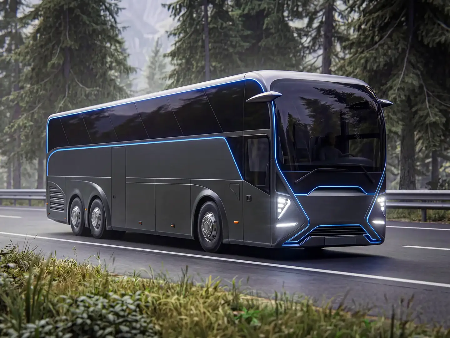 Futuristischer schwarzer Elektro-Reisebus mit blauer LED-Beleuchtung auf einer Waldstraße