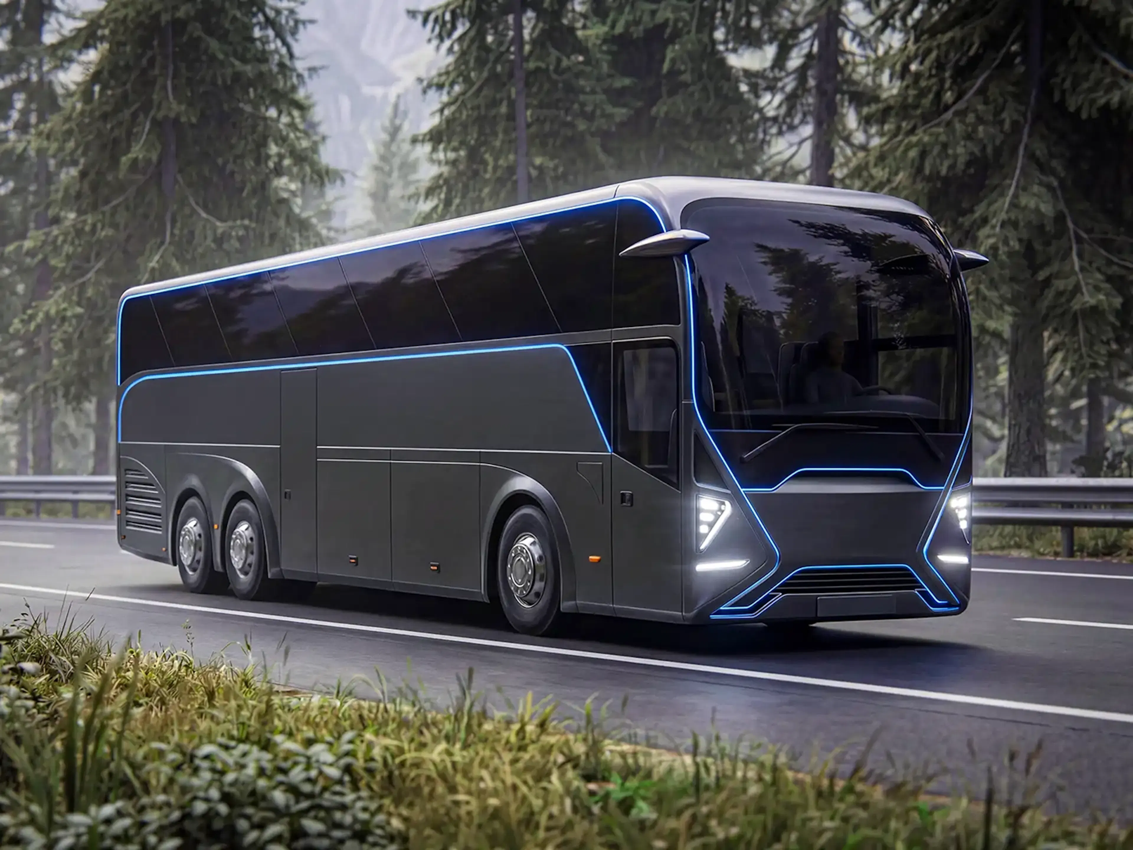 Futuristischer schwarzer Elektro-Reisebus mit blauer LED-Beleuchtung auf einer Waldstraße