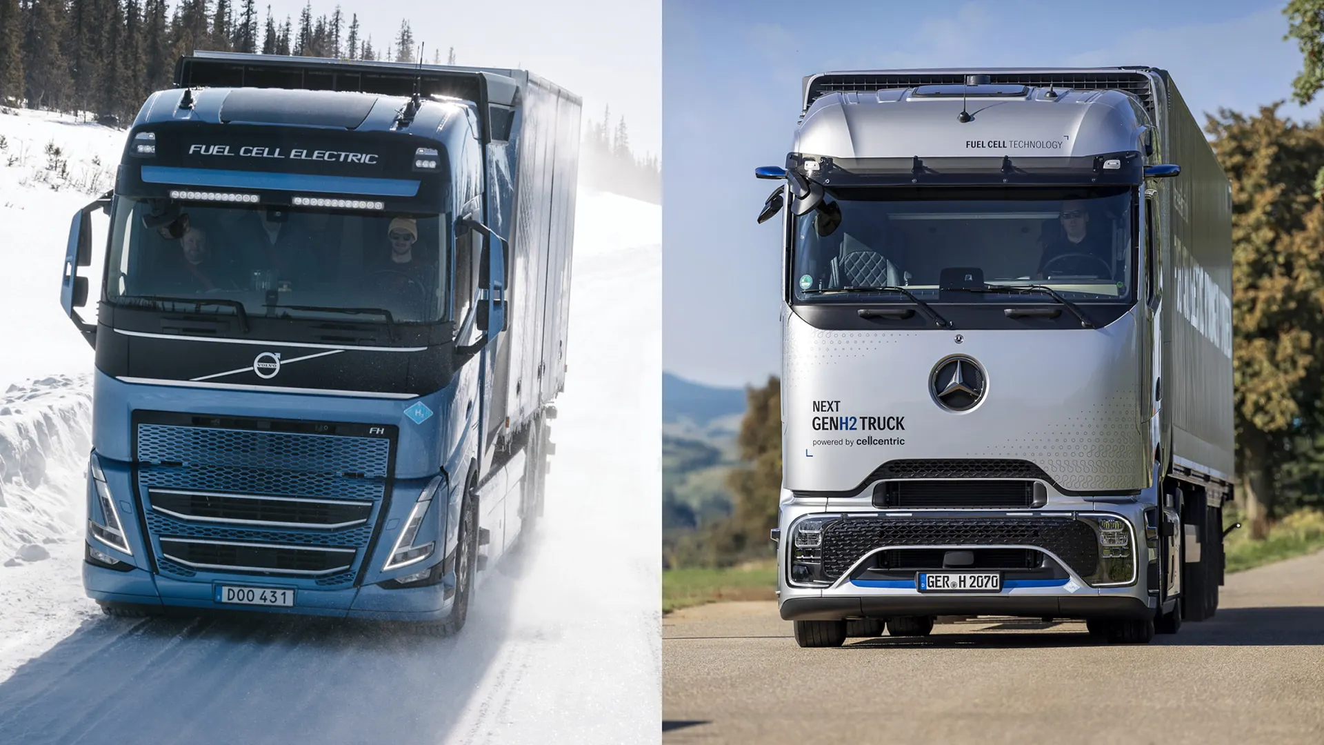 Nebeneinander-Ansicht eines blauen Volvo- und eines silbernen Mercedes-Benz-Wasserstoff-Brennstoffzellen-Lkw