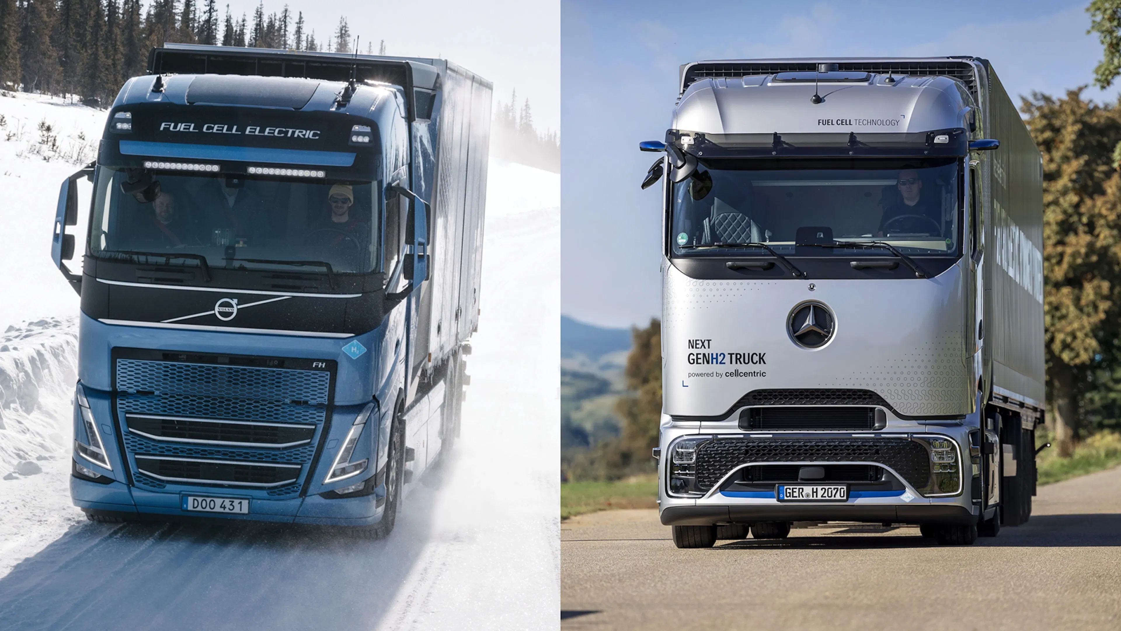 Nebeneinander-Ansicht eines blauen Volvo- und eines silbernen Mercedes-Benz-Wasserstoff-Brennstoffzellen-Lkw