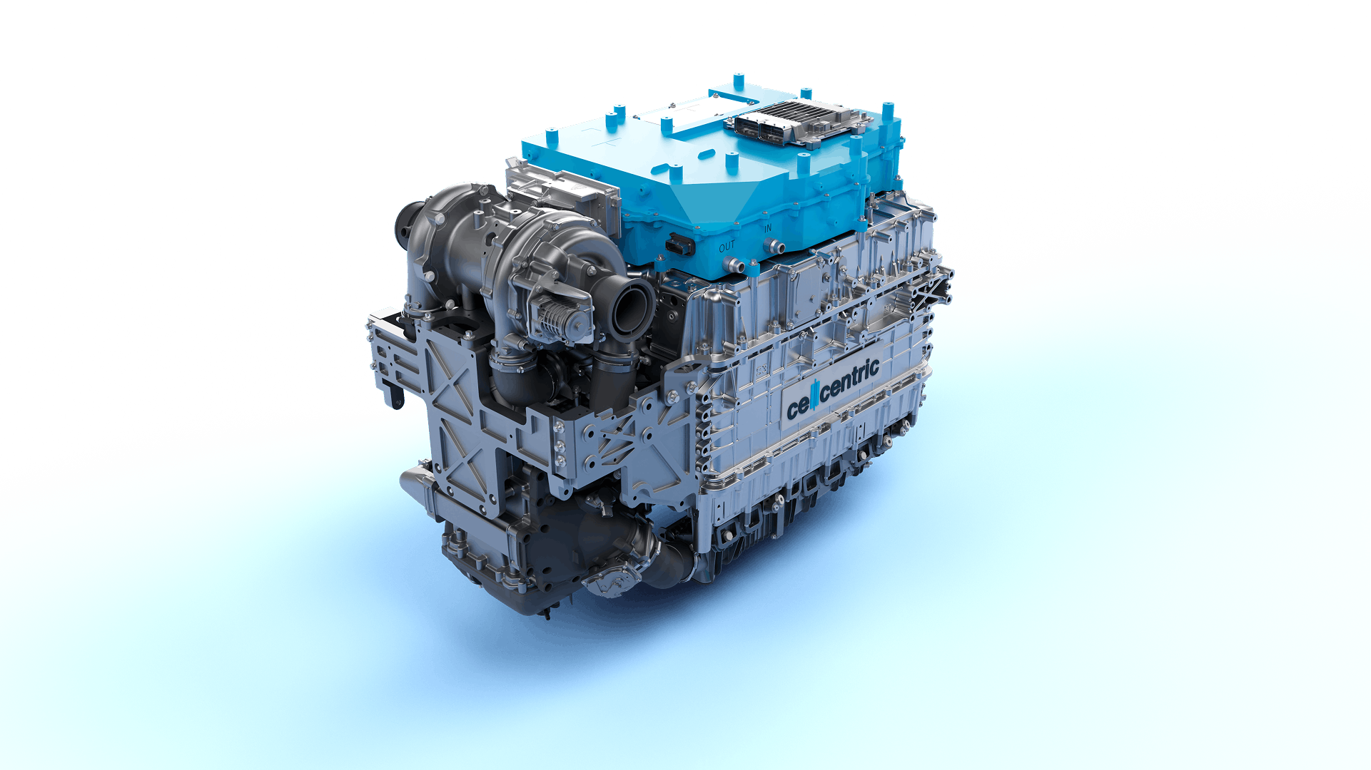A 3D visualisation of the cellcentric fuel cell system. Parts of the aggregate are shown as transparent. Three axes show the dimensions of the fuel cell.