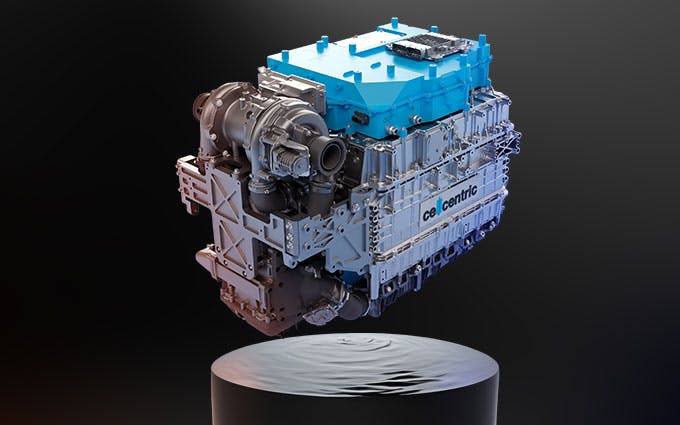 Ein komplexer Motor in Metalltönen mit blauen Akzenten schwebt über einer Plattform mit Wellenmuster in einem dunklen Raum und vermittelt Innovation und Technologie.