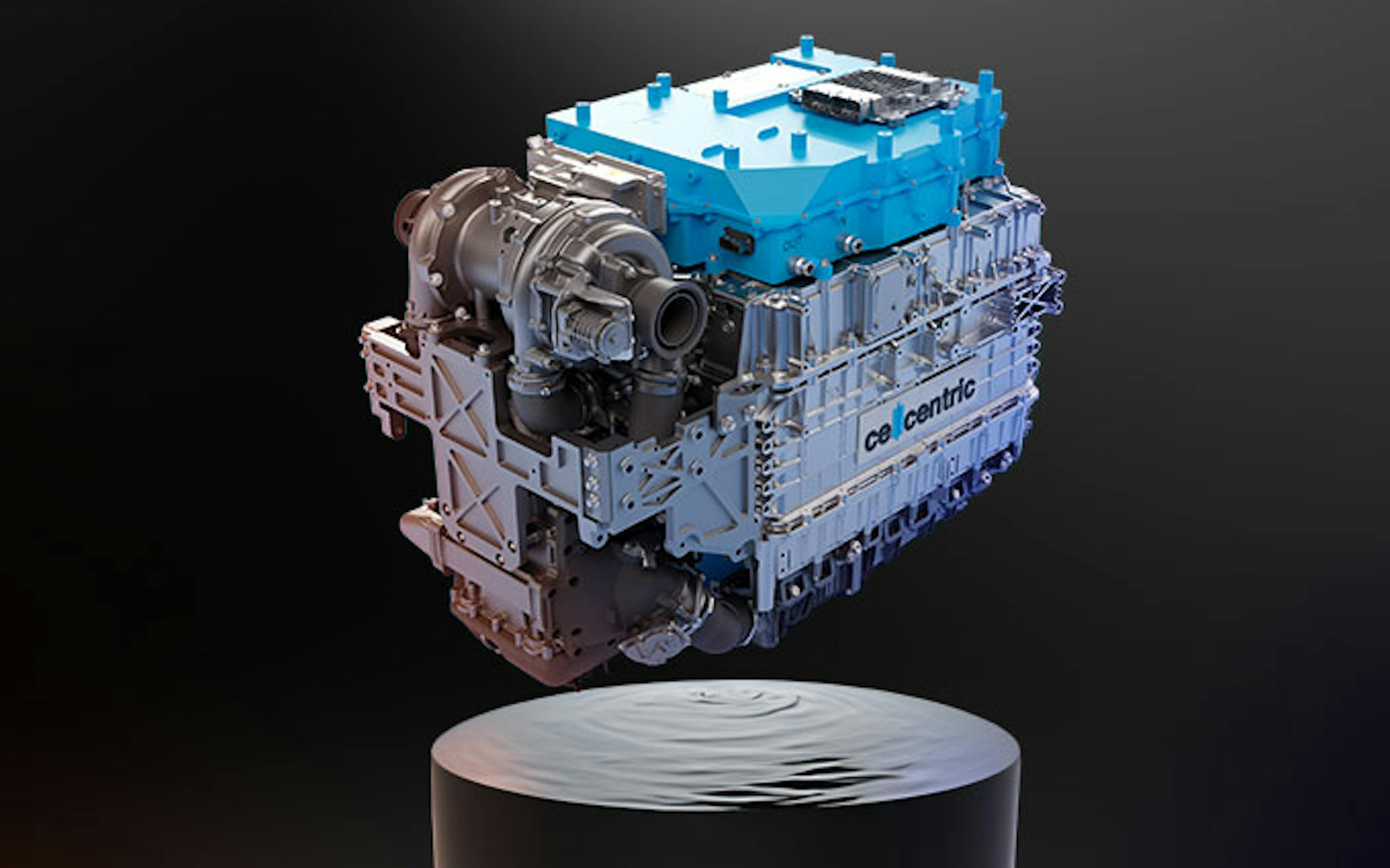 Ein komplexer Motor in Metalltönen mit blauen Akzenten schwebt über einer Plattform mit Wellenmuster in einem dunklen Raum und vermittelt Innovation und Technologie.