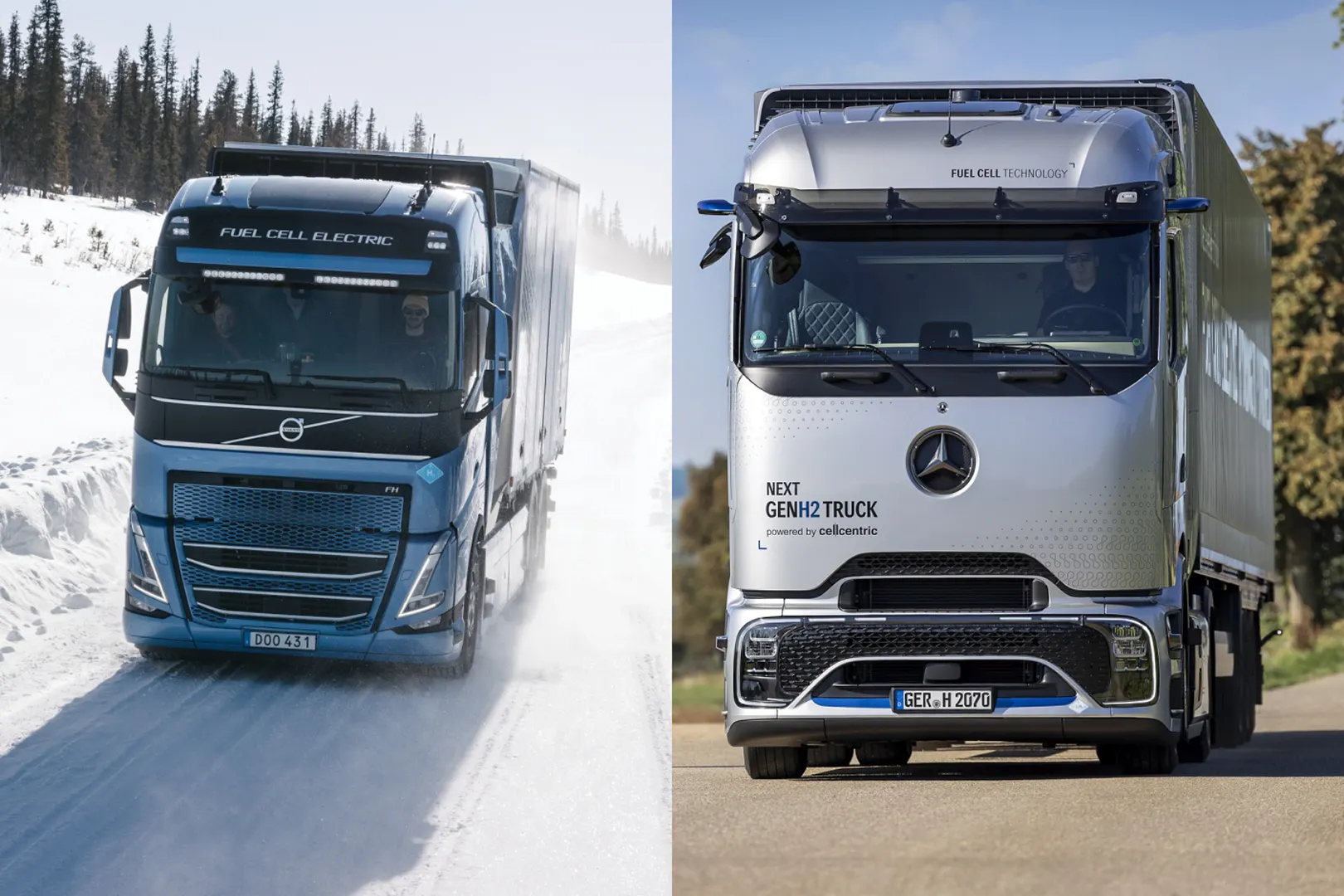 Blauer Volvo- und eines silbernen Mercedes-Benz-Wasserstoff-Brennstoffzellen-Lkw
