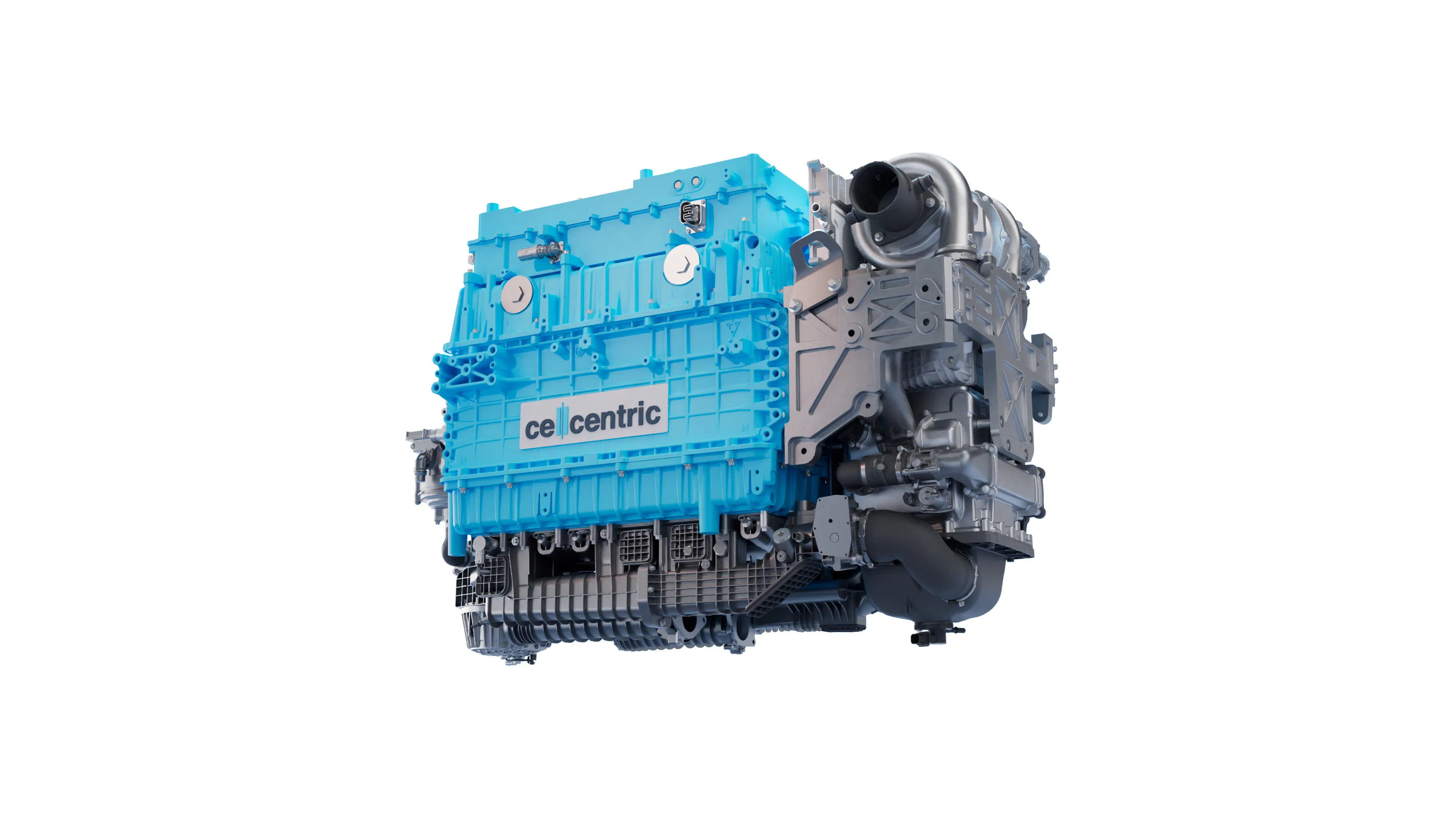 A 3D visualisation of the cellcentric fuel cell system. Parts of the aggregate are shown as transparent. Three axes show the dimensions of the fuel cell.