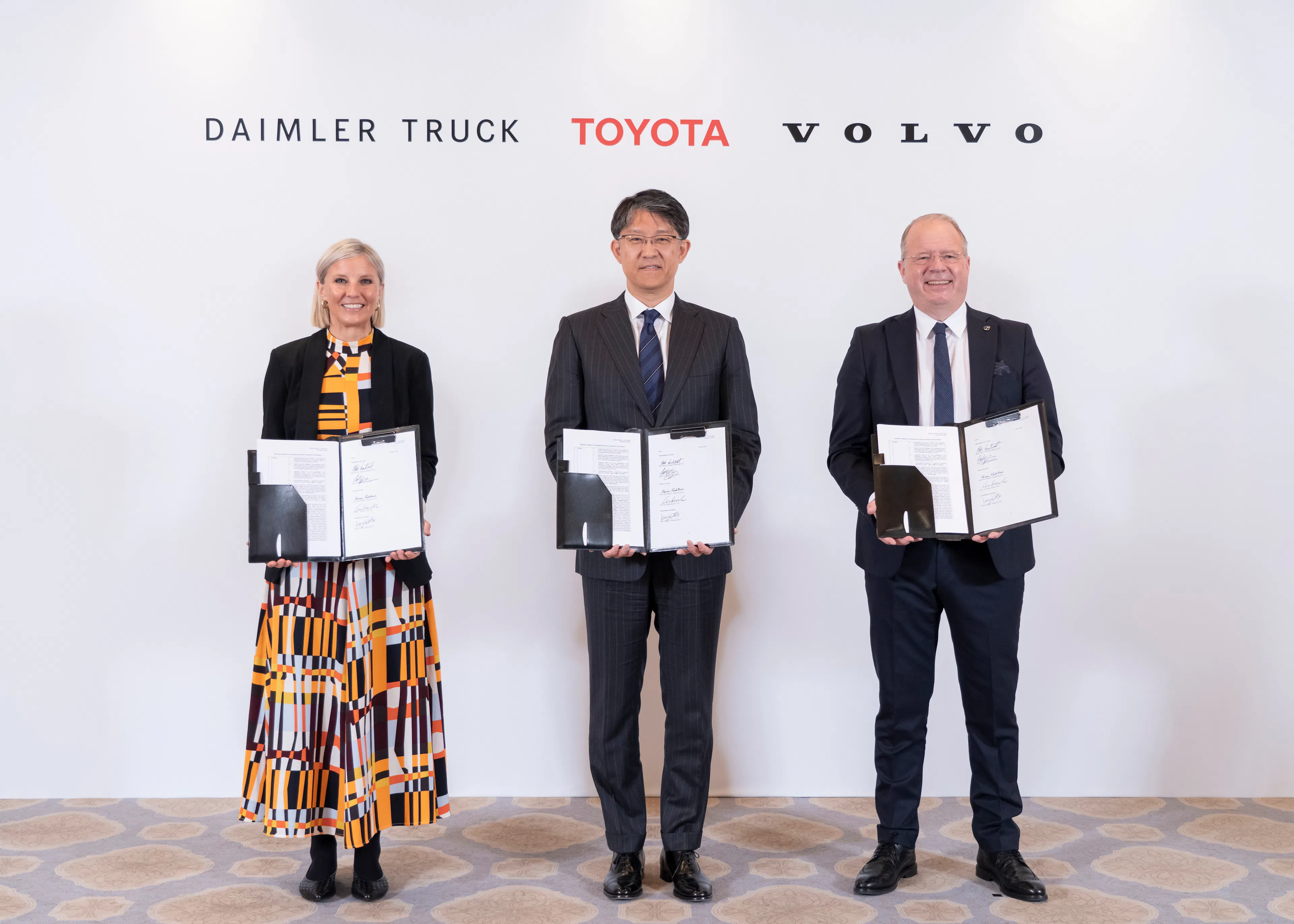 (Left to right) Karin Rådström, President and CEO of Daimler Truck, Koji Sato, President of Toyota Motor Corporation, Martin Lundstedt, President and CEO of Volvo Group