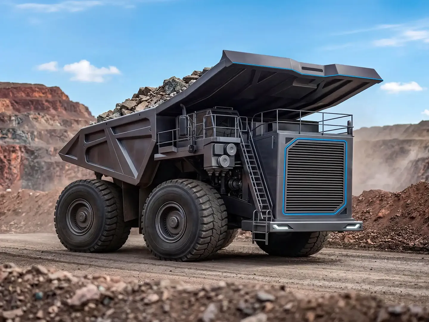 Schwerer elektrischer Muldenkipper, der eine Ladung Gestein in einem Tagebaustoll transportiert
