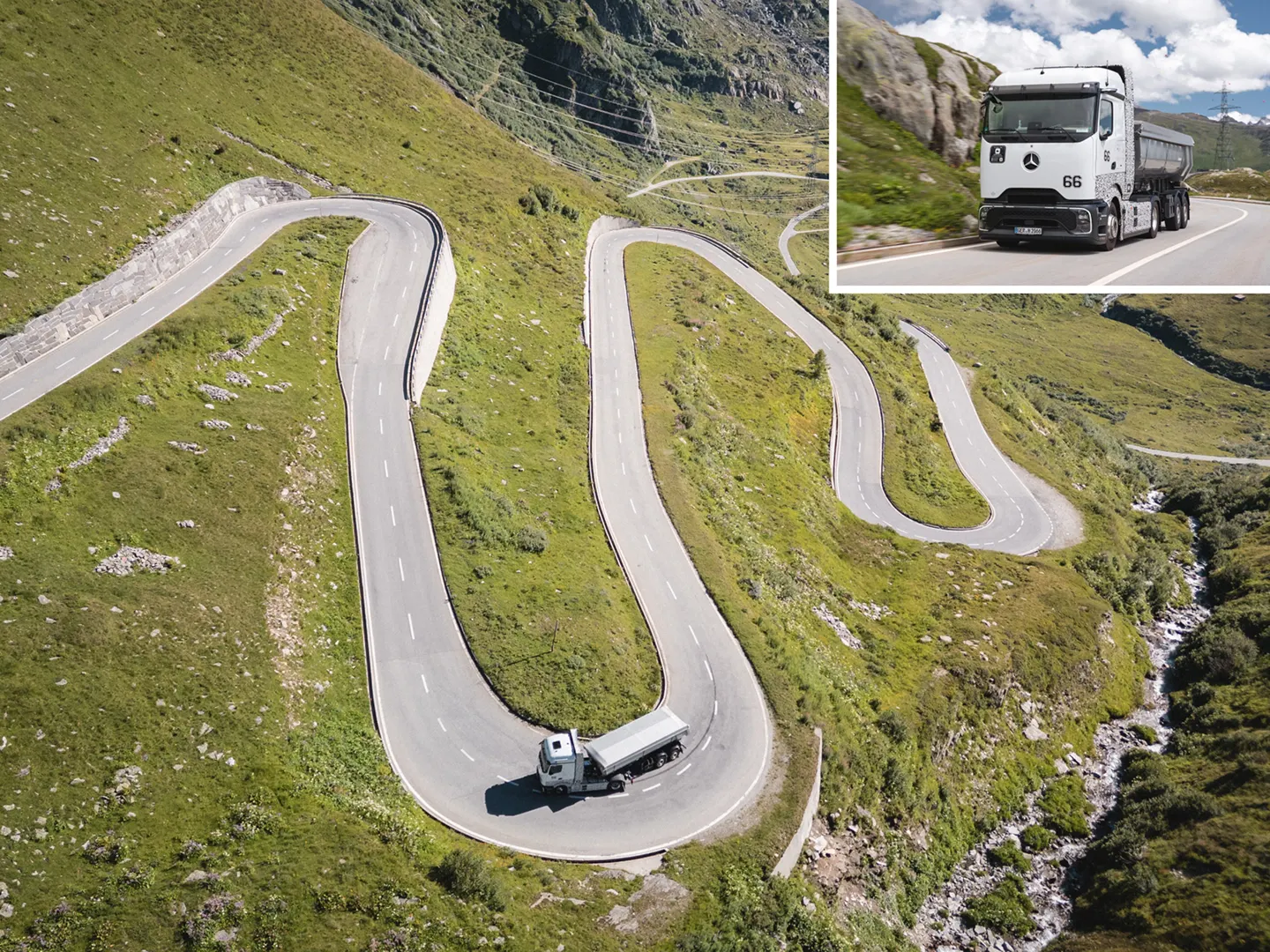 Ein Wasserstoff-Brennstoffzellen-Lkw von Mercedes-Benz meistert die kurvenreichen Bergstraßen in den Alpen