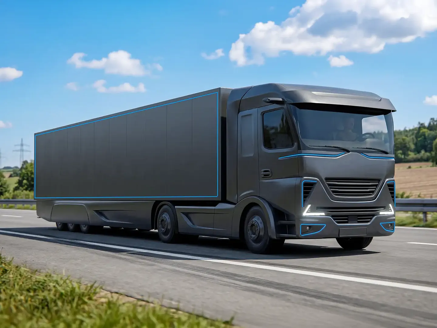 Futuristischer schwarzer, robuster Elektro-Lkw mit blauen LED-Akzenten auf der Autobahn