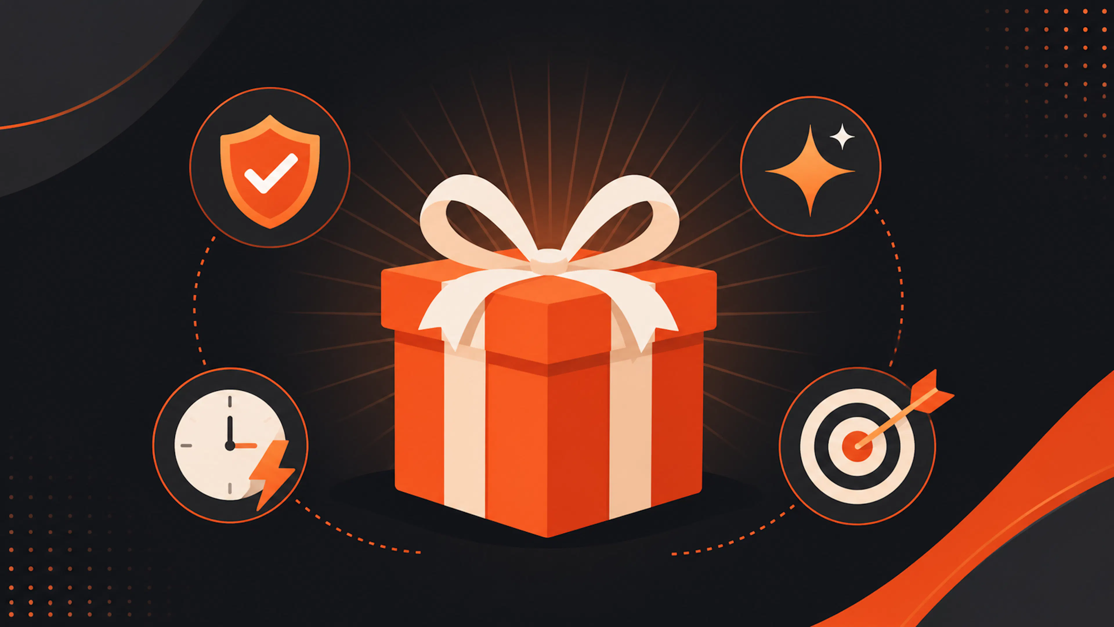 Pacchetto regalo arancione con icone di valore, fiducia e obiettivo su sfondo scuro per un'offerta efficace