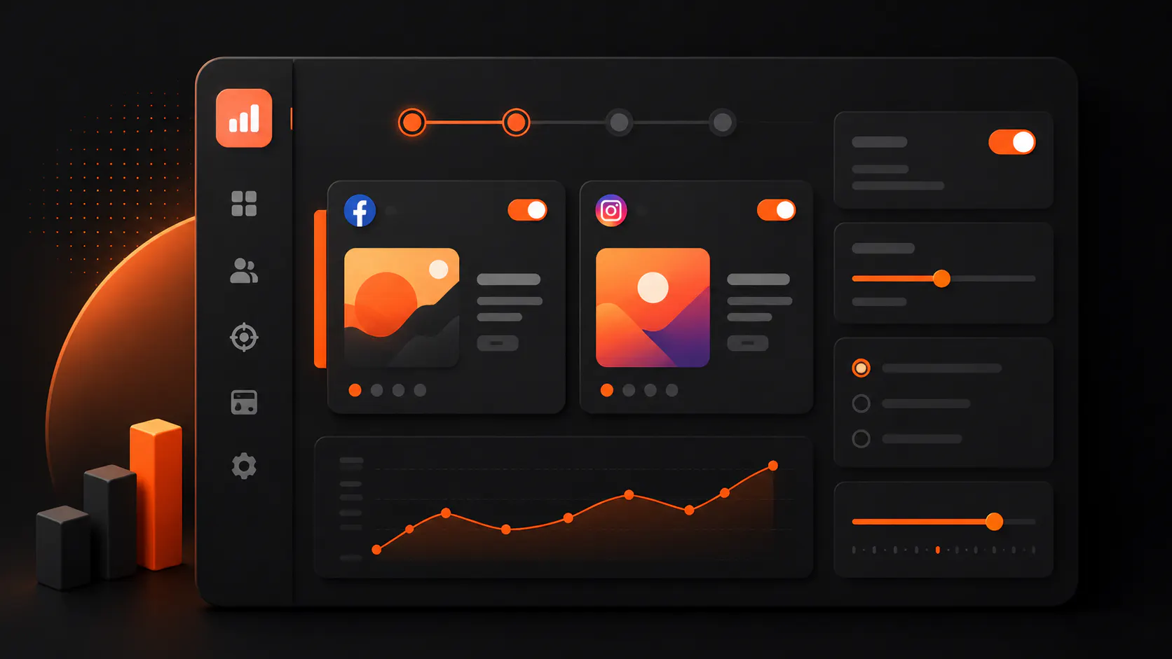 Dashboard scura con pannelli, cursori e grafico per gestire una prima campagna Facebook e Instagram