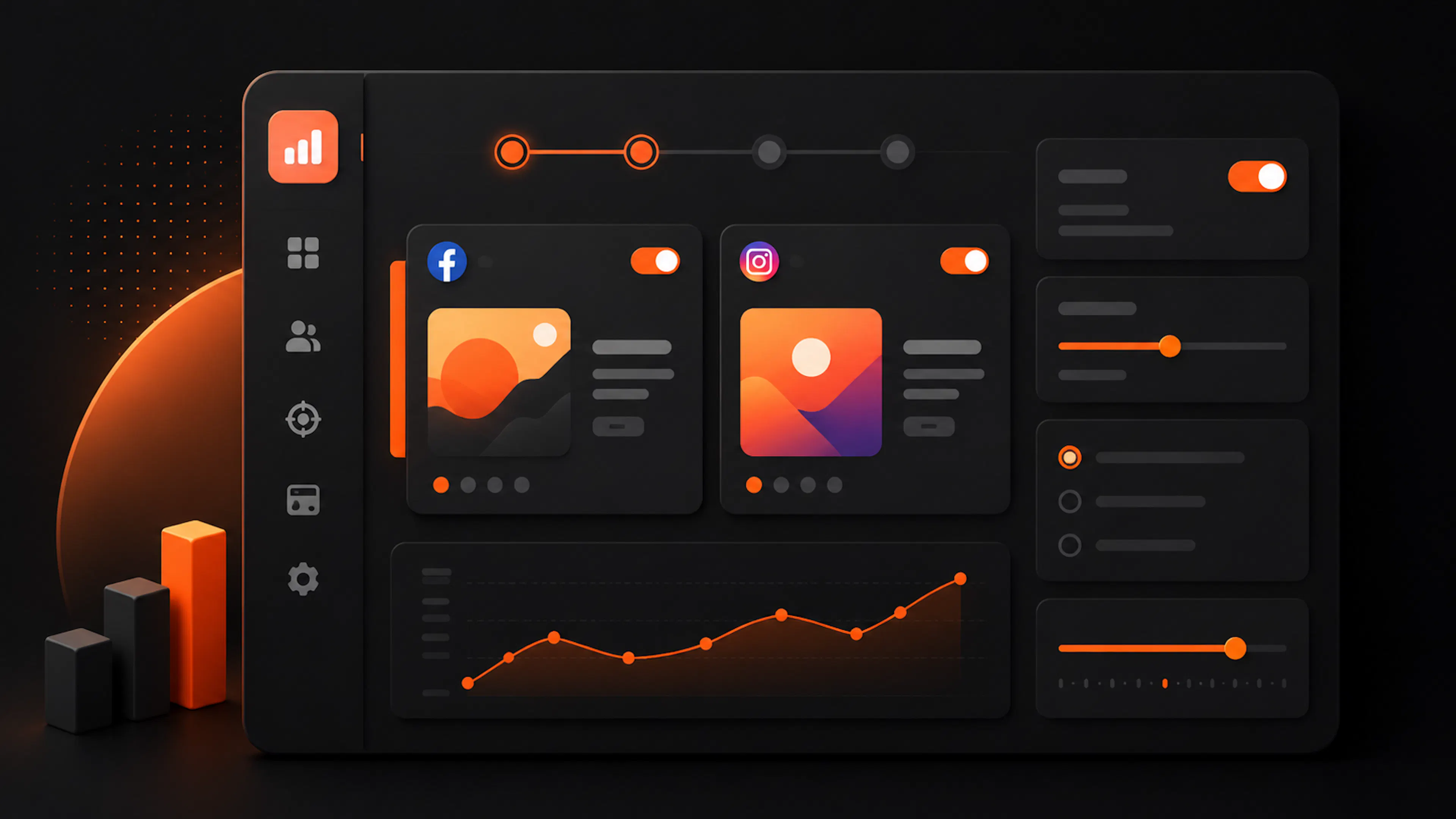 Dashboard scura con pannelli, cursori e grafico per gestire una prima campagna Facebook e Instagram