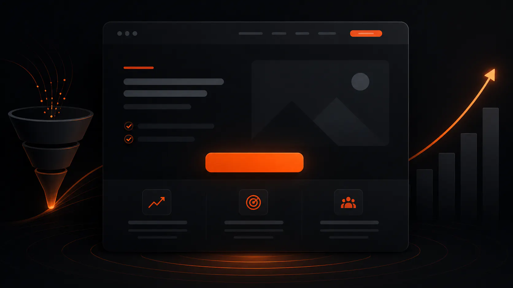 Landing page scura con pulsante arancione in evidenza, funnel e grafico di crescita sullo sfondo