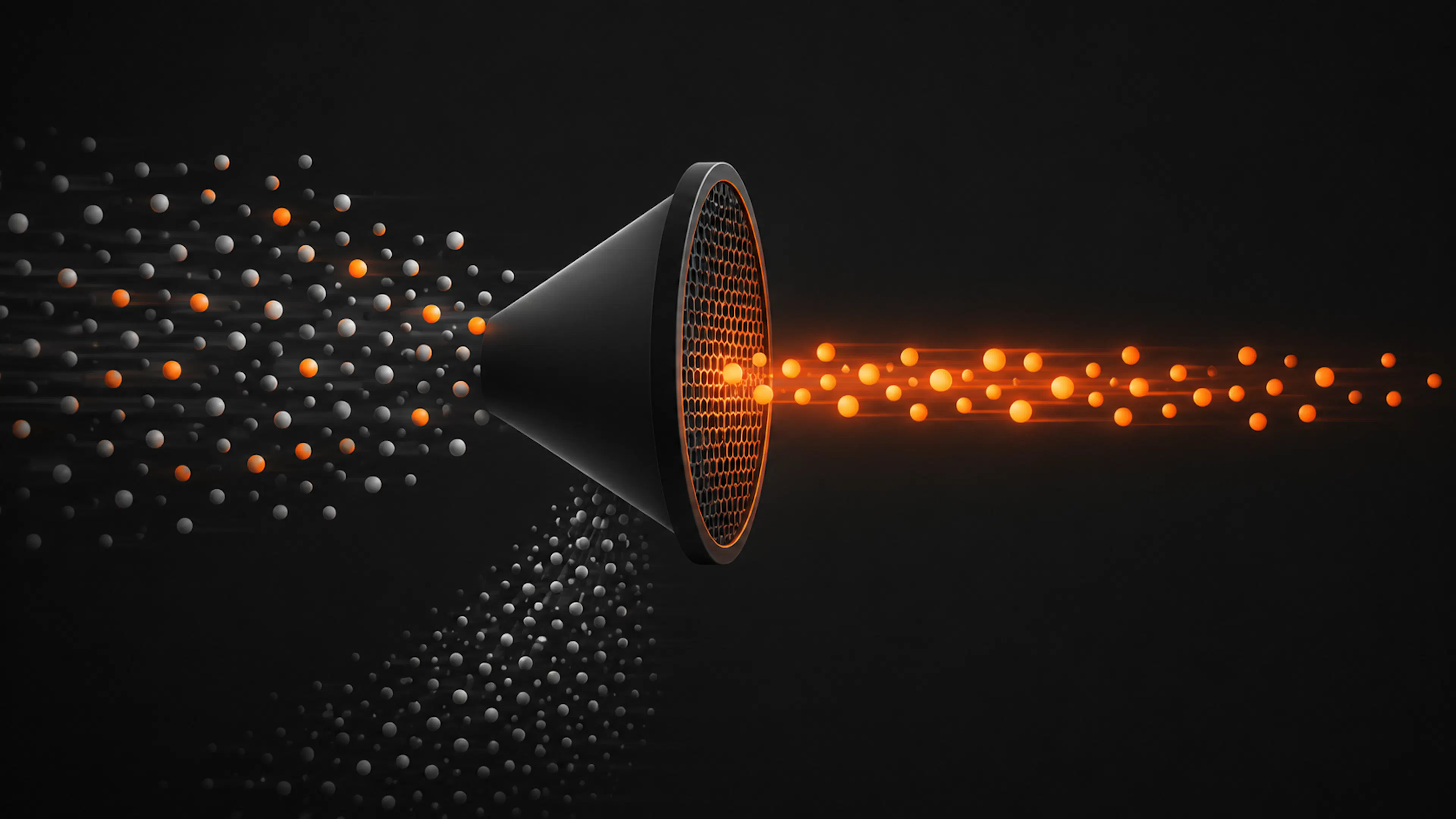 Funnel scuro che filtra punti arancioni qualificati e separa quelli grigi dai contatti interessati