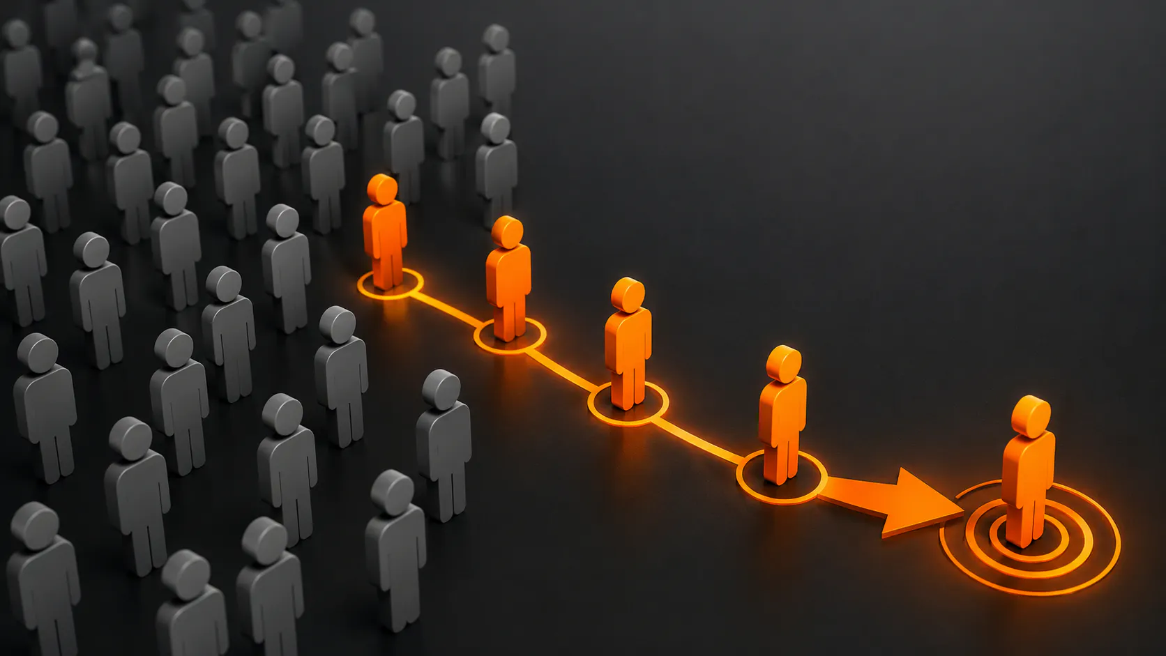 Figure grigie e arancioni seguono un percorso verso la conversione da follower social a clienti