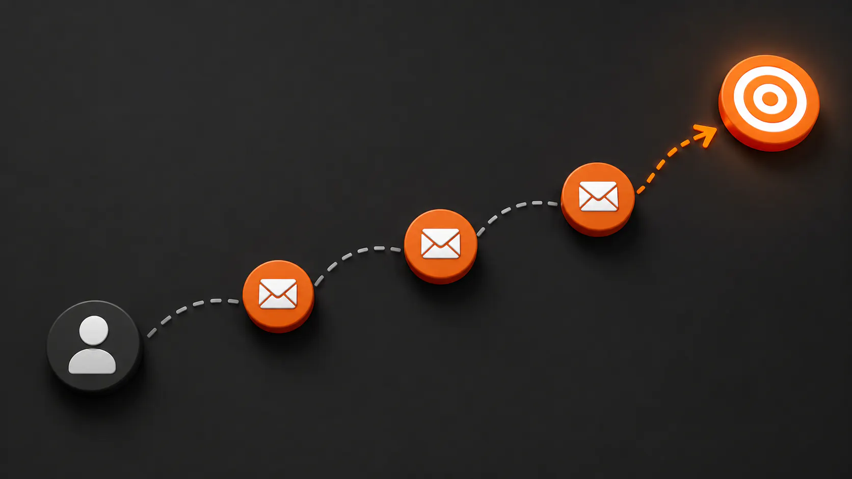 Percorso tratteggiato con email arancioni verso un obiettivo per il follow-up dei contatti