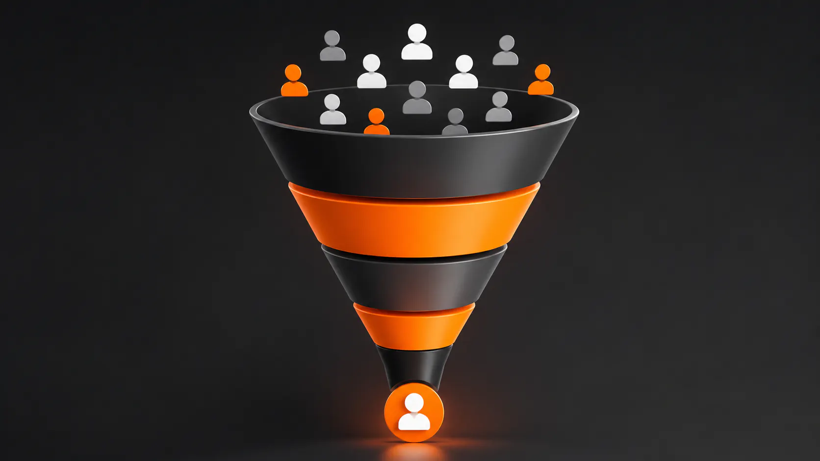 Imbuto scuro con icone di persone che entrano nel funnel di acquisizione clienti e un contatto selezionato in uscita
