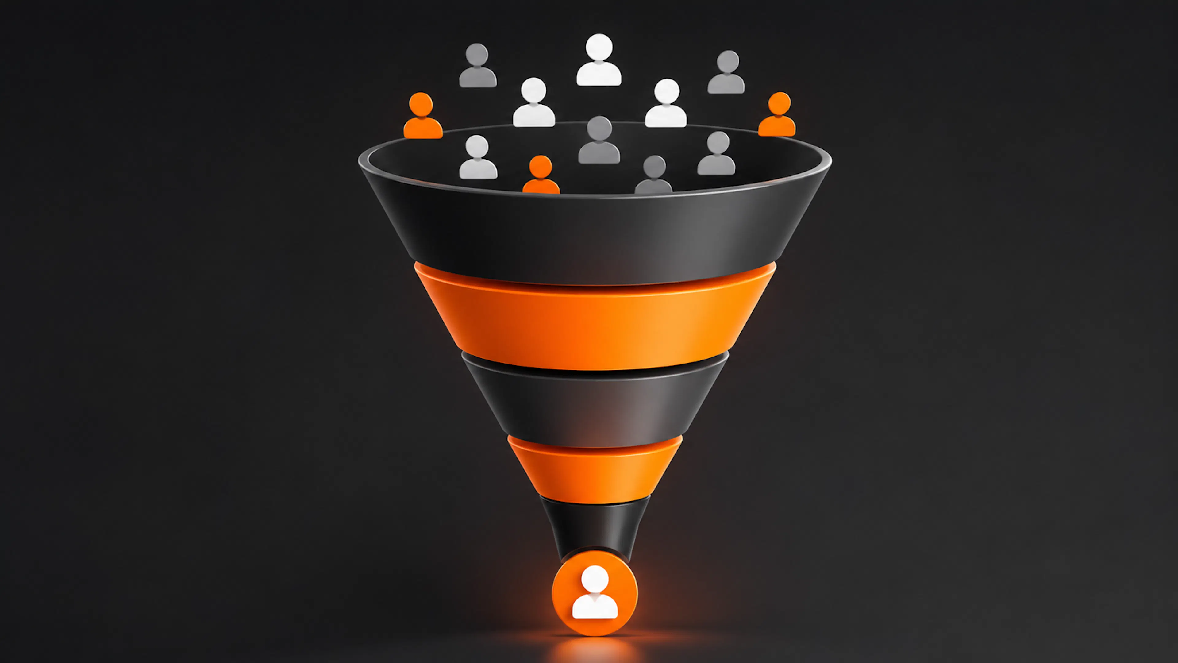 Imbuto scuro con icone di persone che entrano nel funnel di acquisizione clienti e un contatto selezionato in uscita