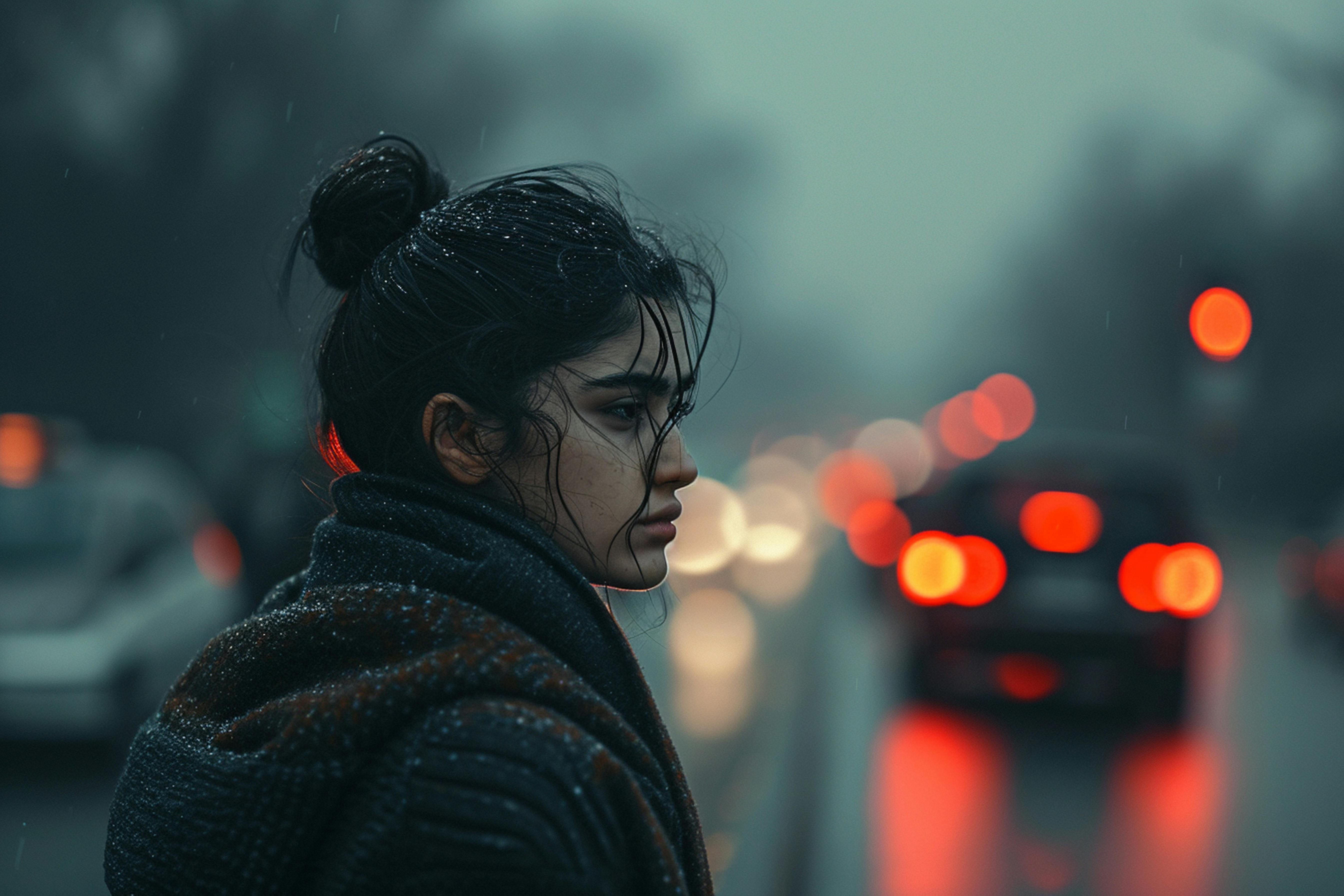  Woman looks sad and depressed while outdoors during the winter