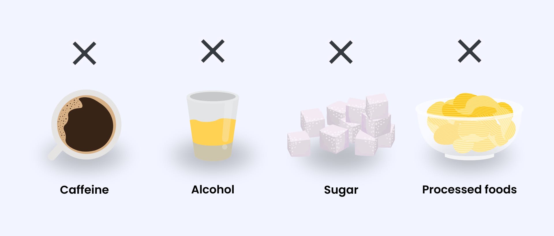  Image highlights drinks and foods that could cause or make anxiety worse, including caffeine, alcohol, sugar, and processed foods