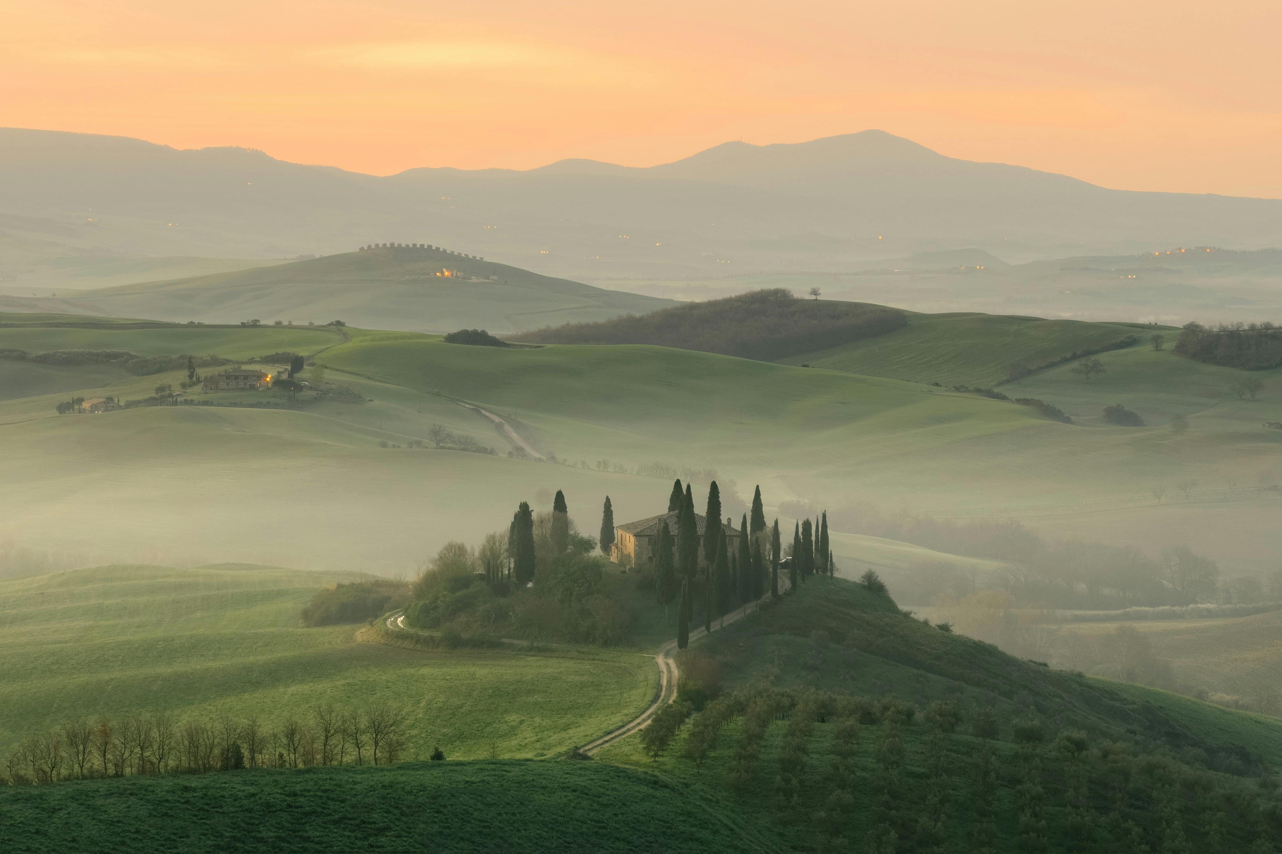 View of Tuscan hills with veils of mist