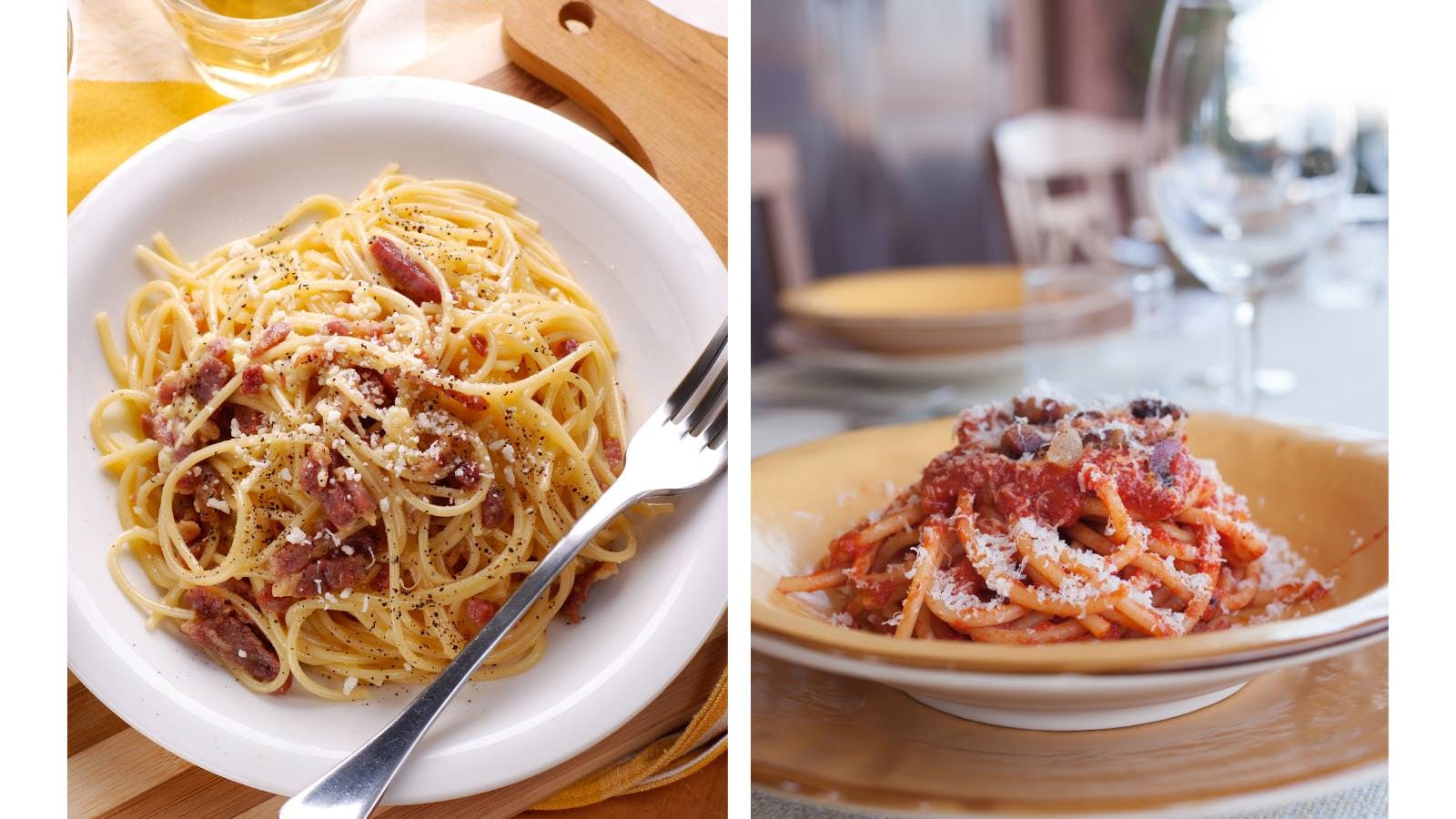 Nella foto a destra la carbonara, a sinistra l'amatriciana