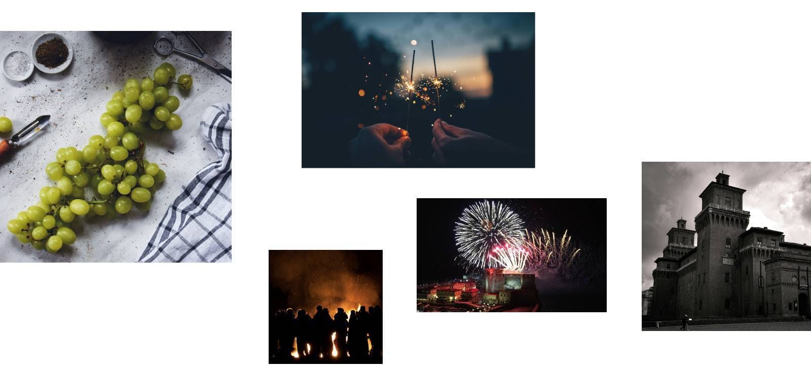 Composite photo of New Year's Eve featuring grapes, fireworks, and the Castle of Ferrara.