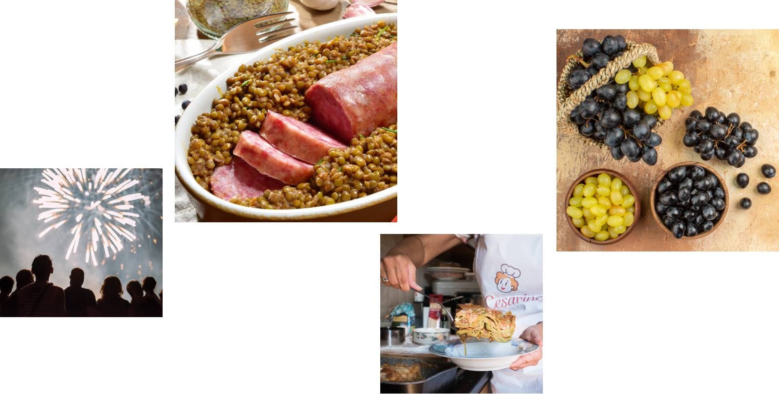 Composite photo of New Year's Eve featuring fireworks, cotechino with lentils, grapes, and lasagna.