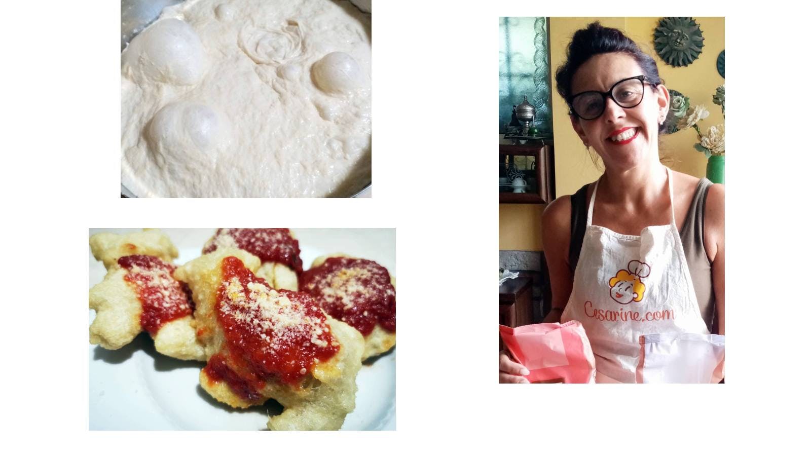 Composite photo featuring fried pizzelle, pizza dough, and Cesarina Francesca from Scafati