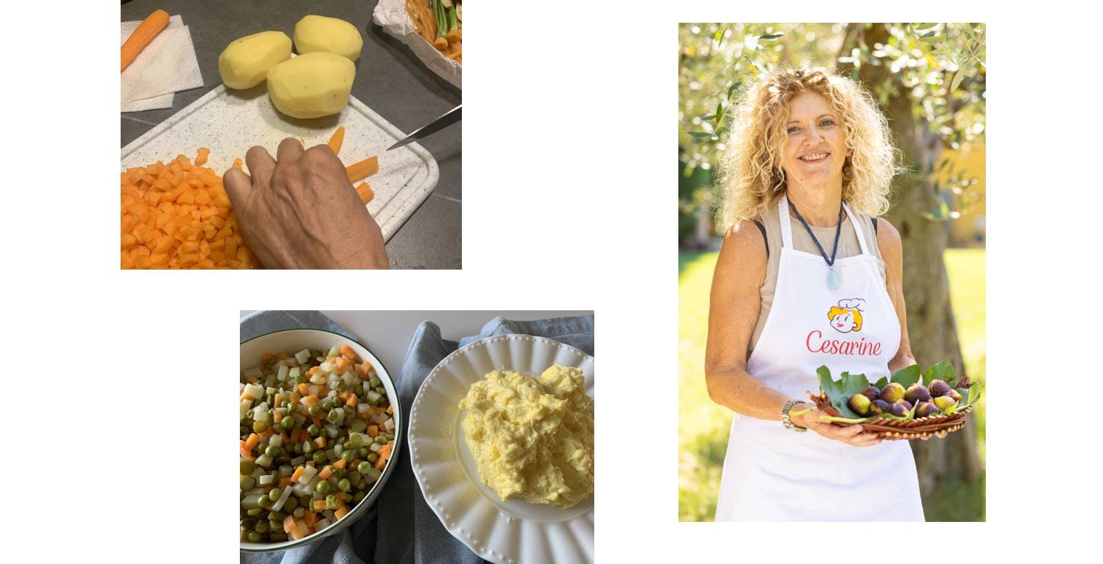 Composite photo with ingredients for Russian salad and Cesarina Silvana