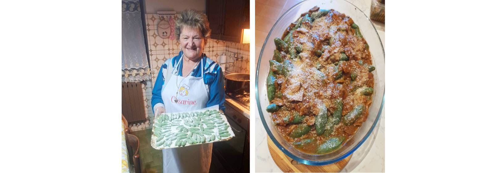 Composite photo with Cesarina Tiziana with raw malfatti and a plate of cooked and seasoned malfatti