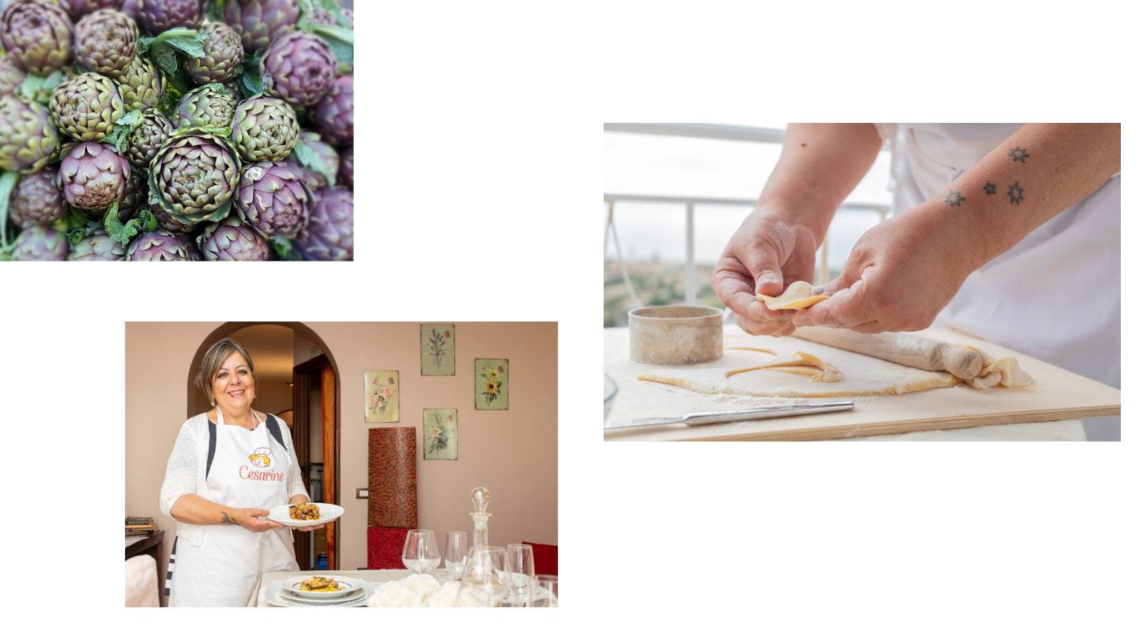 Composite photo of Artichoke Tortelli, Cesarina Graziella, and artichokes at the market