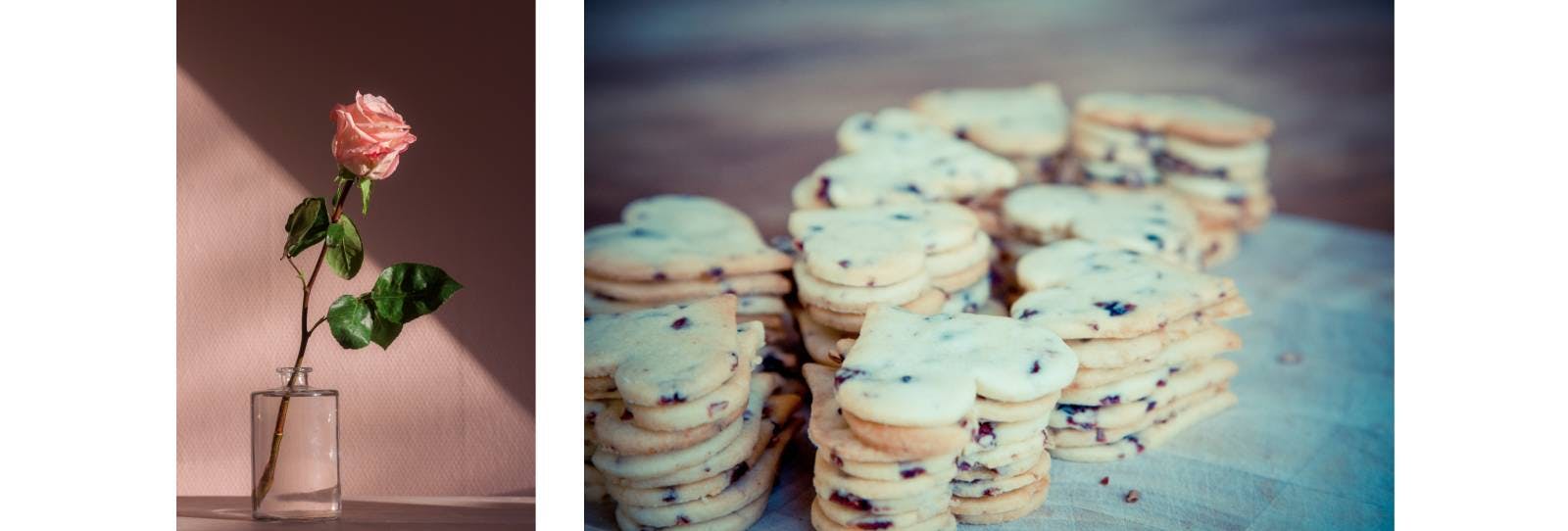 Composite photo - Rose in a glass and heart-shaped cookies for Valentine's Day