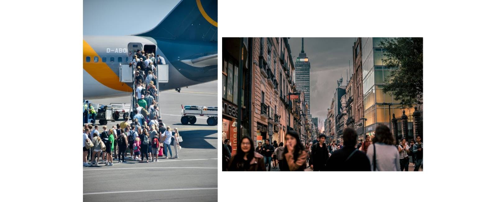 Boarding on an airplane, crowded city, overtourism, overcrowding