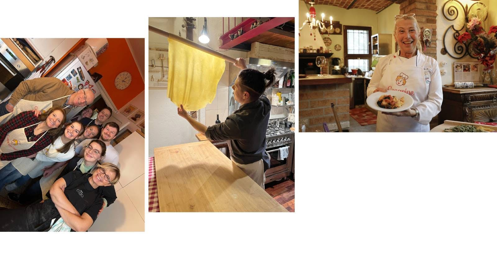 Guest with a plate of pasta in hand, Cesarino shows rolled dough with a rolling pin, group photo with Cesarina and guests