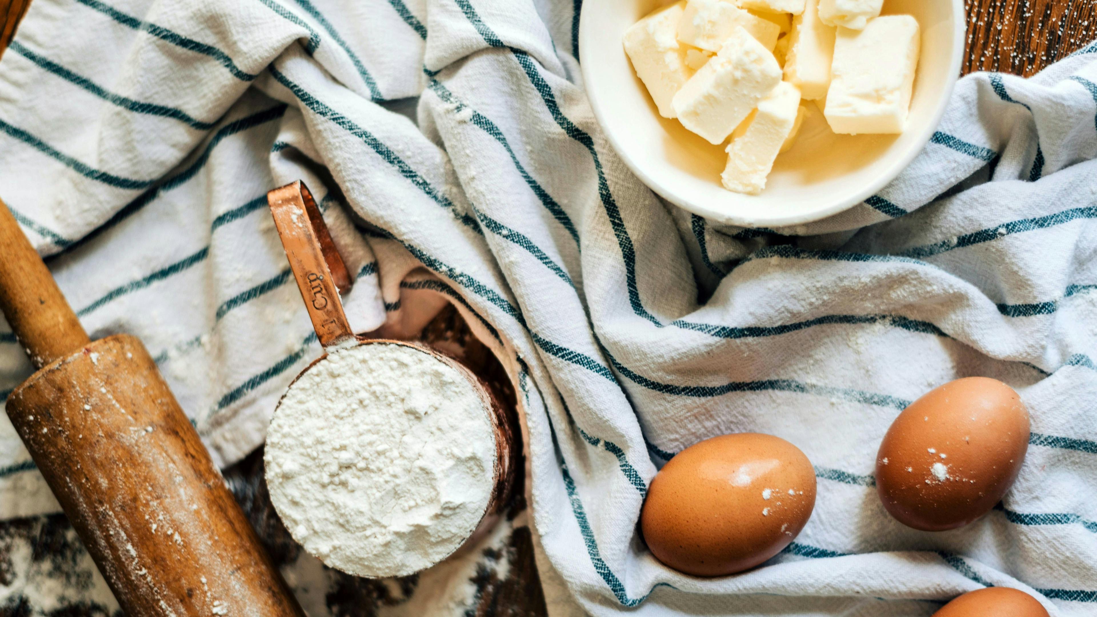 Rolling pin, flour, eggs, butter, World Baking Day
