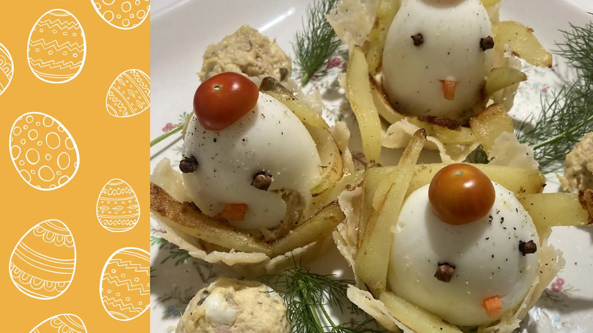 Uova pasquali ripiene su cestino di parmigiano