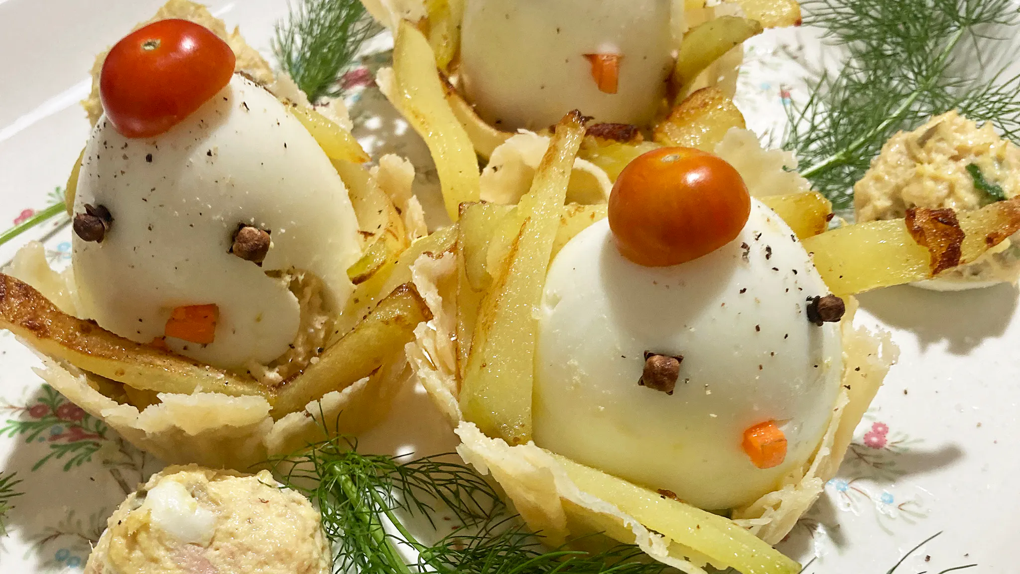 Stuffed Easter Eggs on a Parmesan Basket