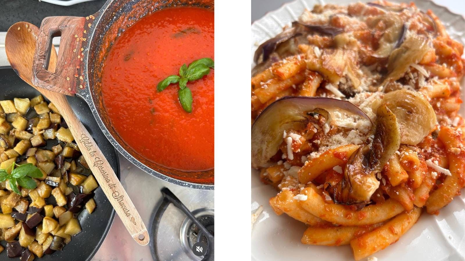 Ingredients for Pasta alla Norma and the complete dish