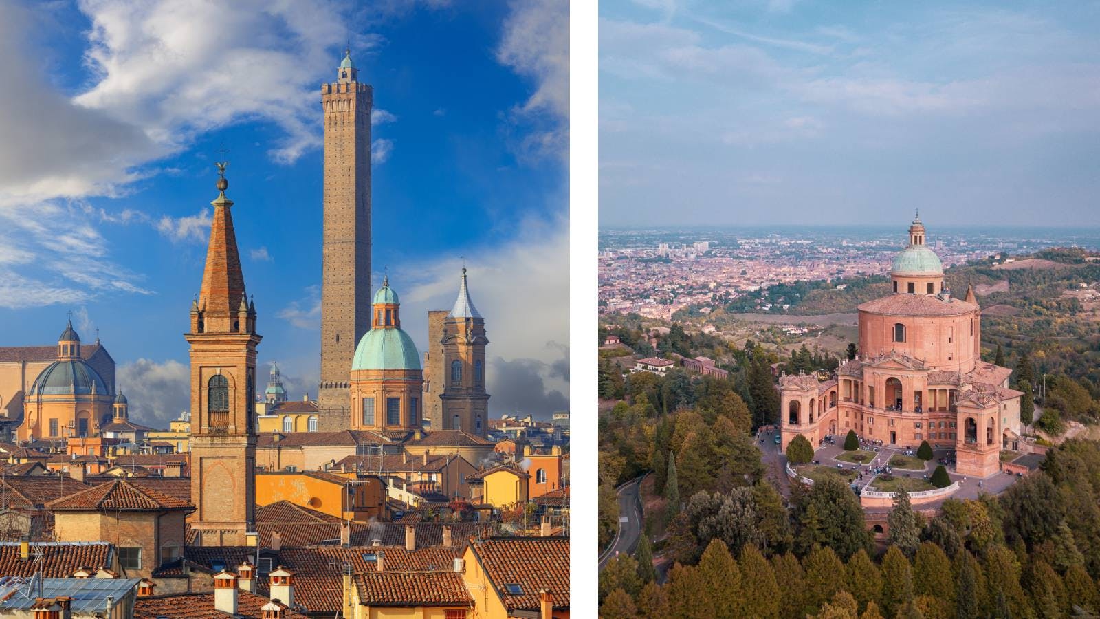 Vista con torre Asinelli, il centro di Bologna e Santuario di San Luca