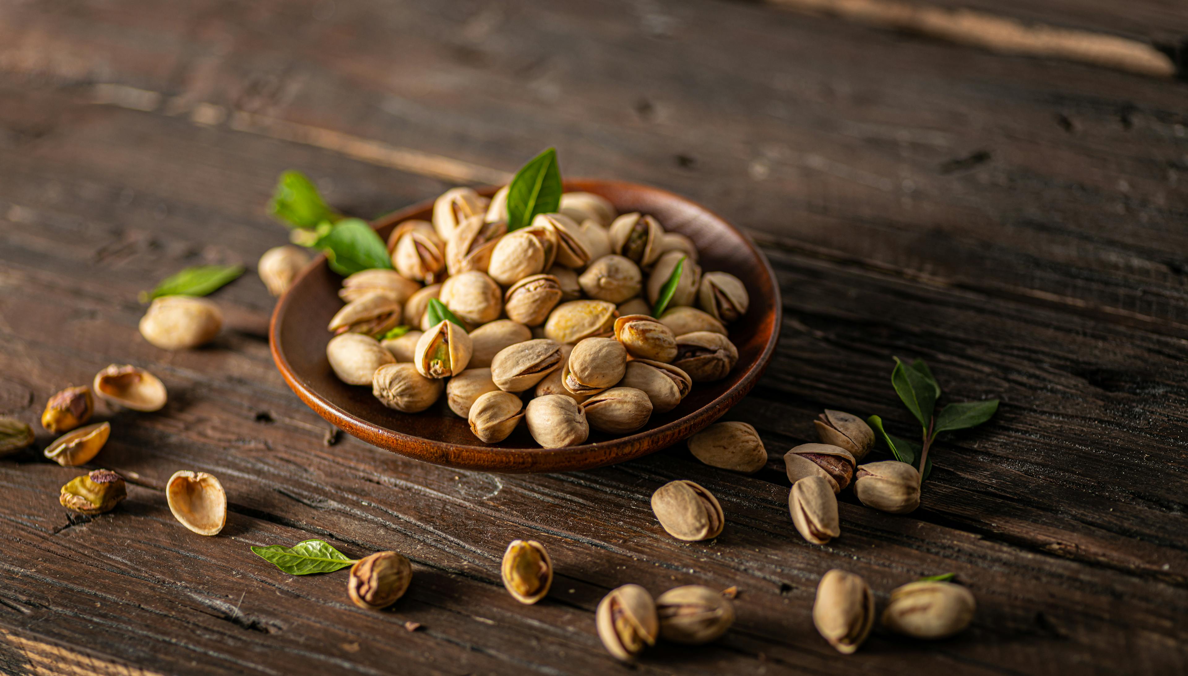 Pistachios on a wooden table