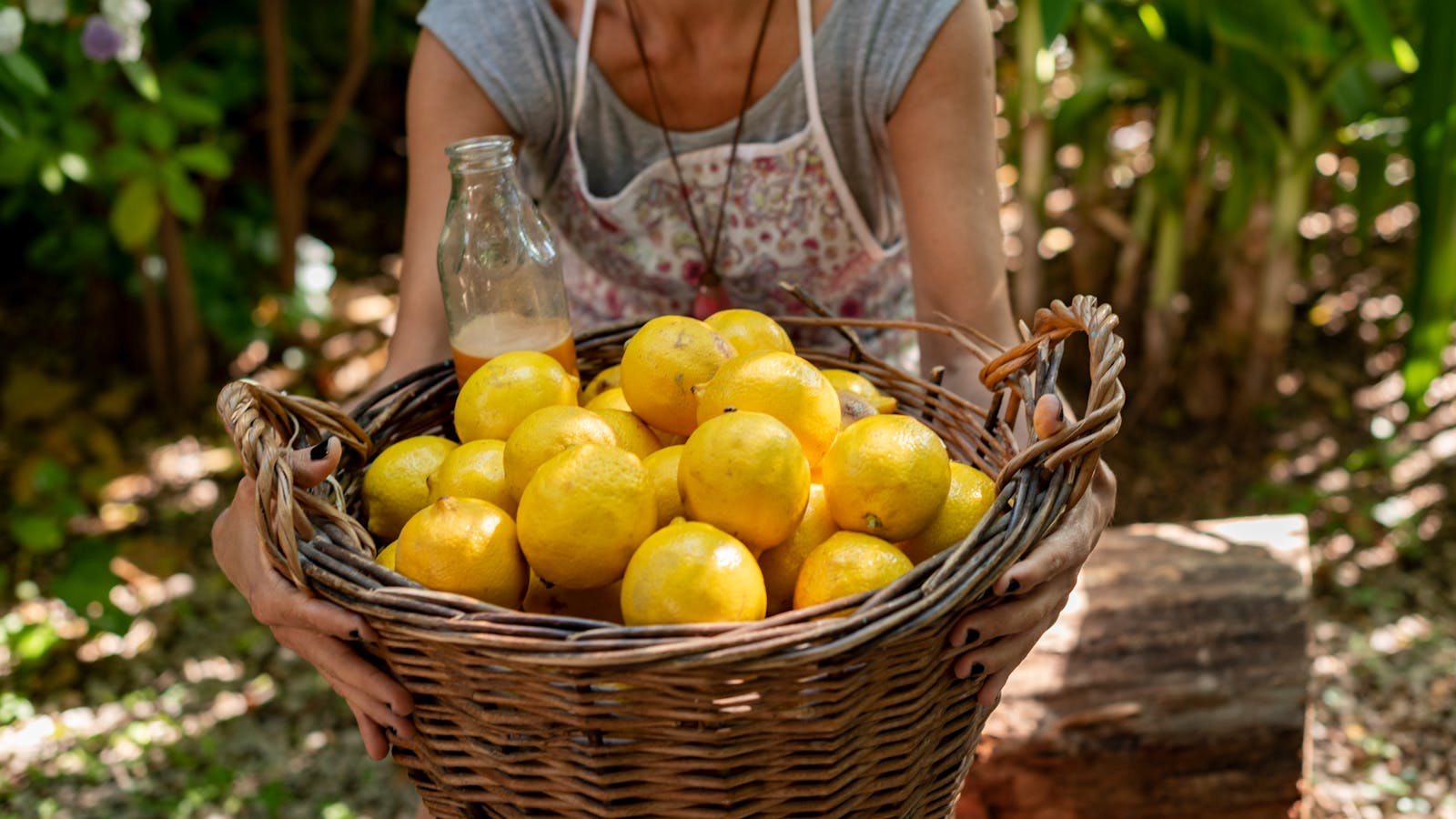 Mujer sosteniendo una cesta llena de limones