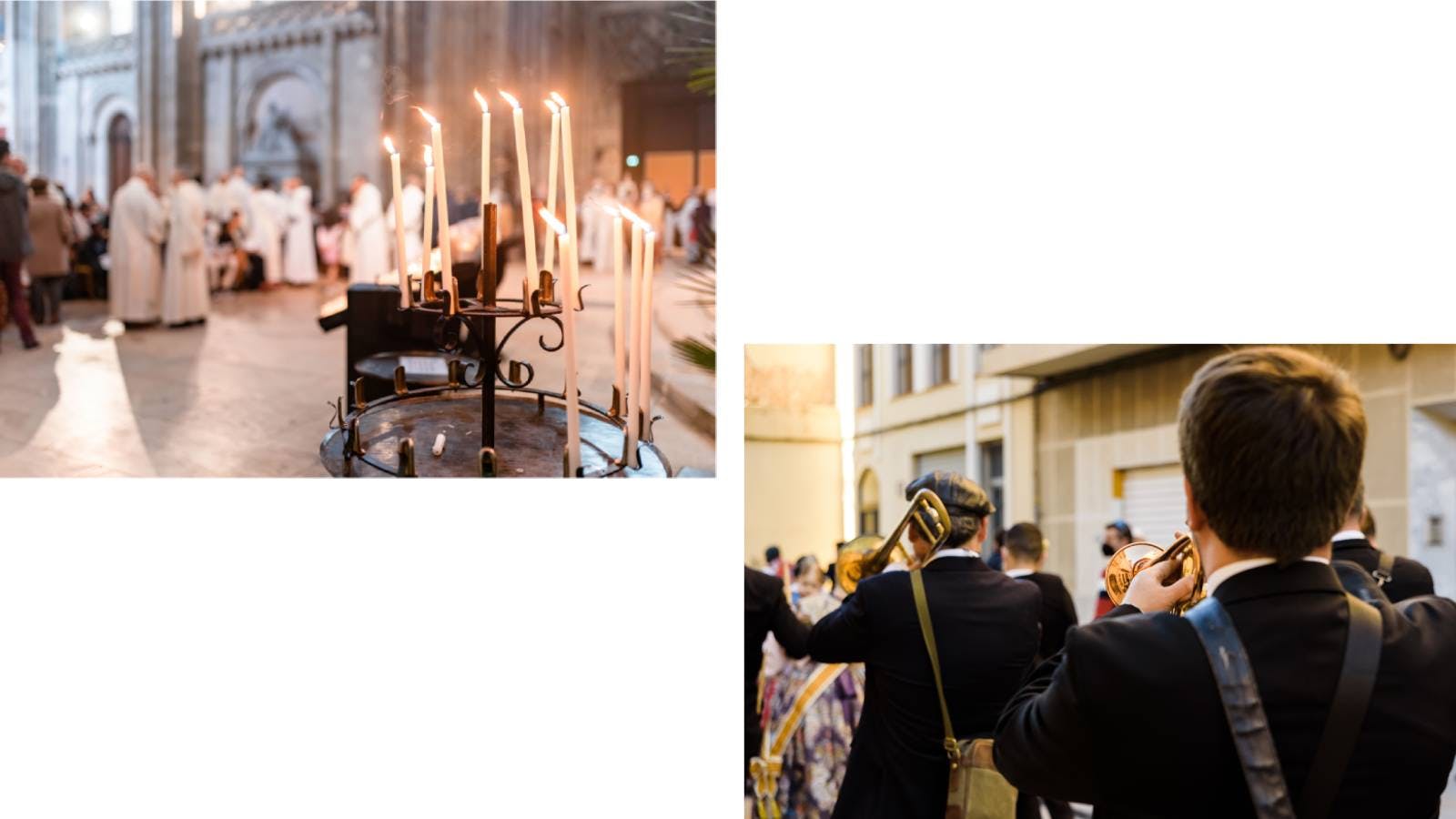 Composite image of the interior of a church with priests and the town band playing along a village street