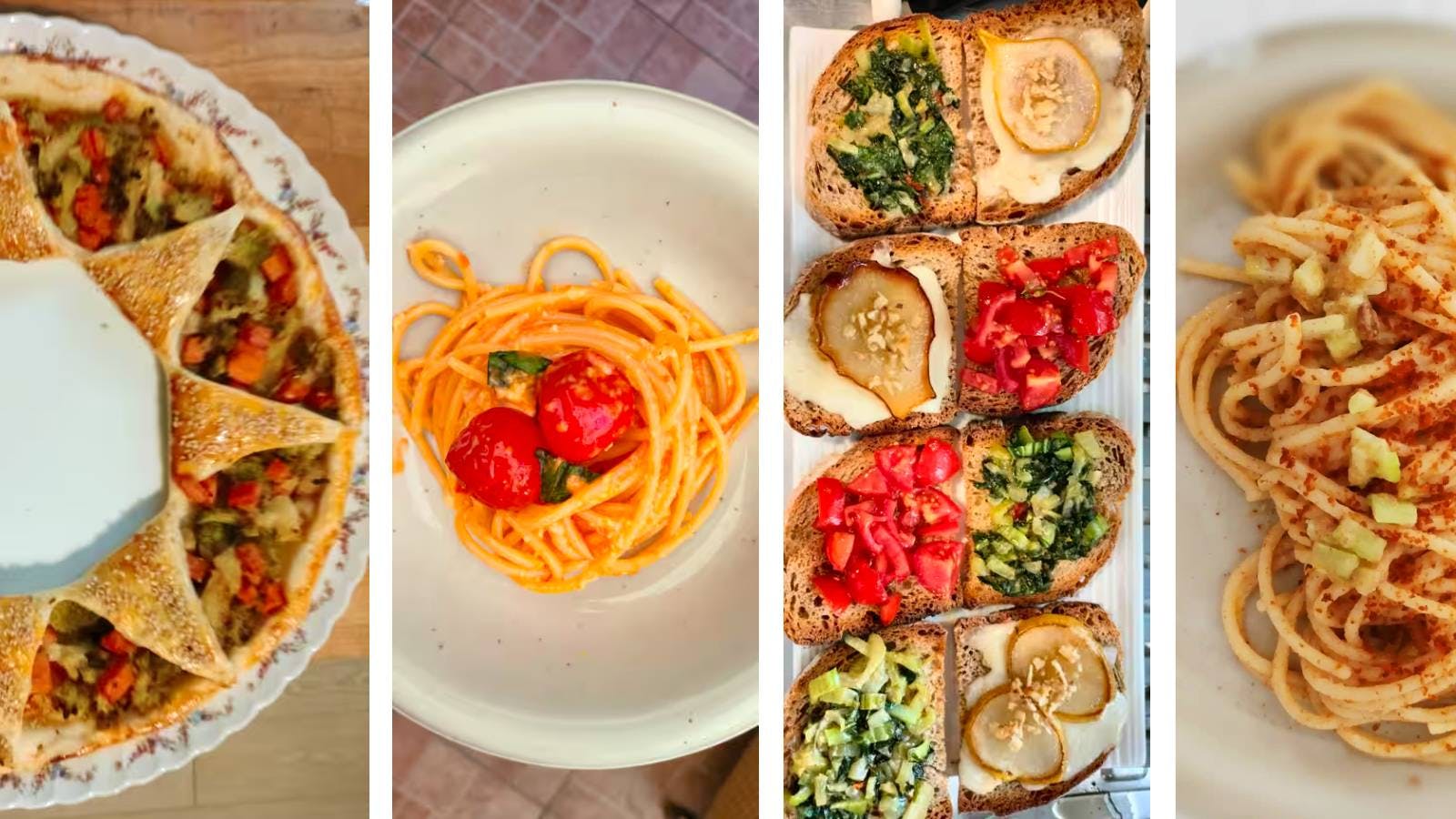 Composite photo featuring vegetarian dishes such as vegetarian bruschetta and spaghetti with tomato sauce