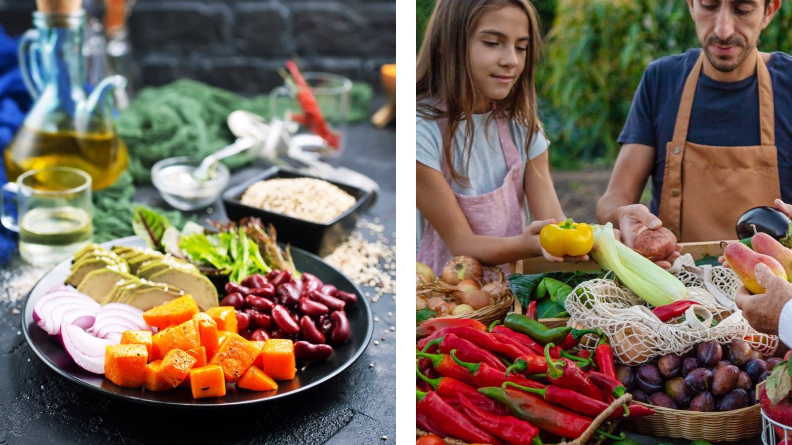 Image composed with a vegetarian dish and a fruit and vegetable market